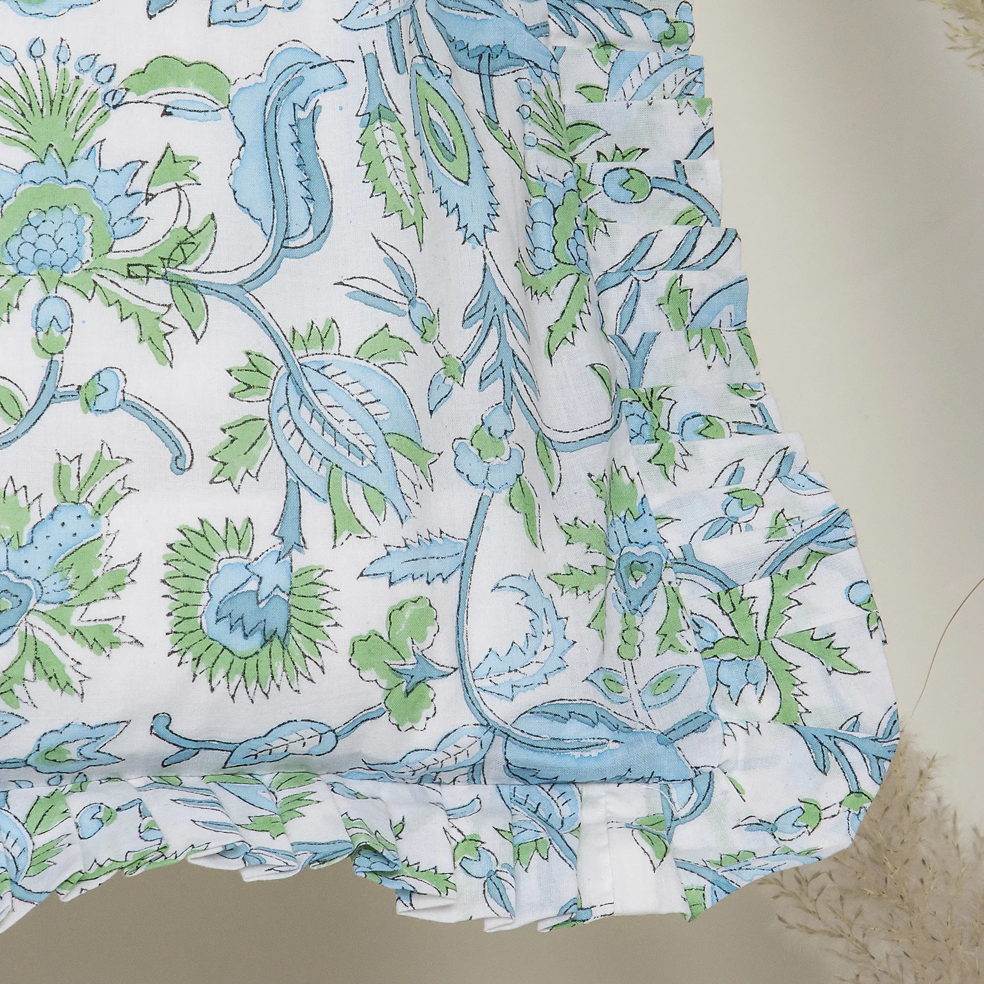 Indian Blue Floral Hand Blocked Printed Pure Cotton Ruffle Tote Bags - Image 6