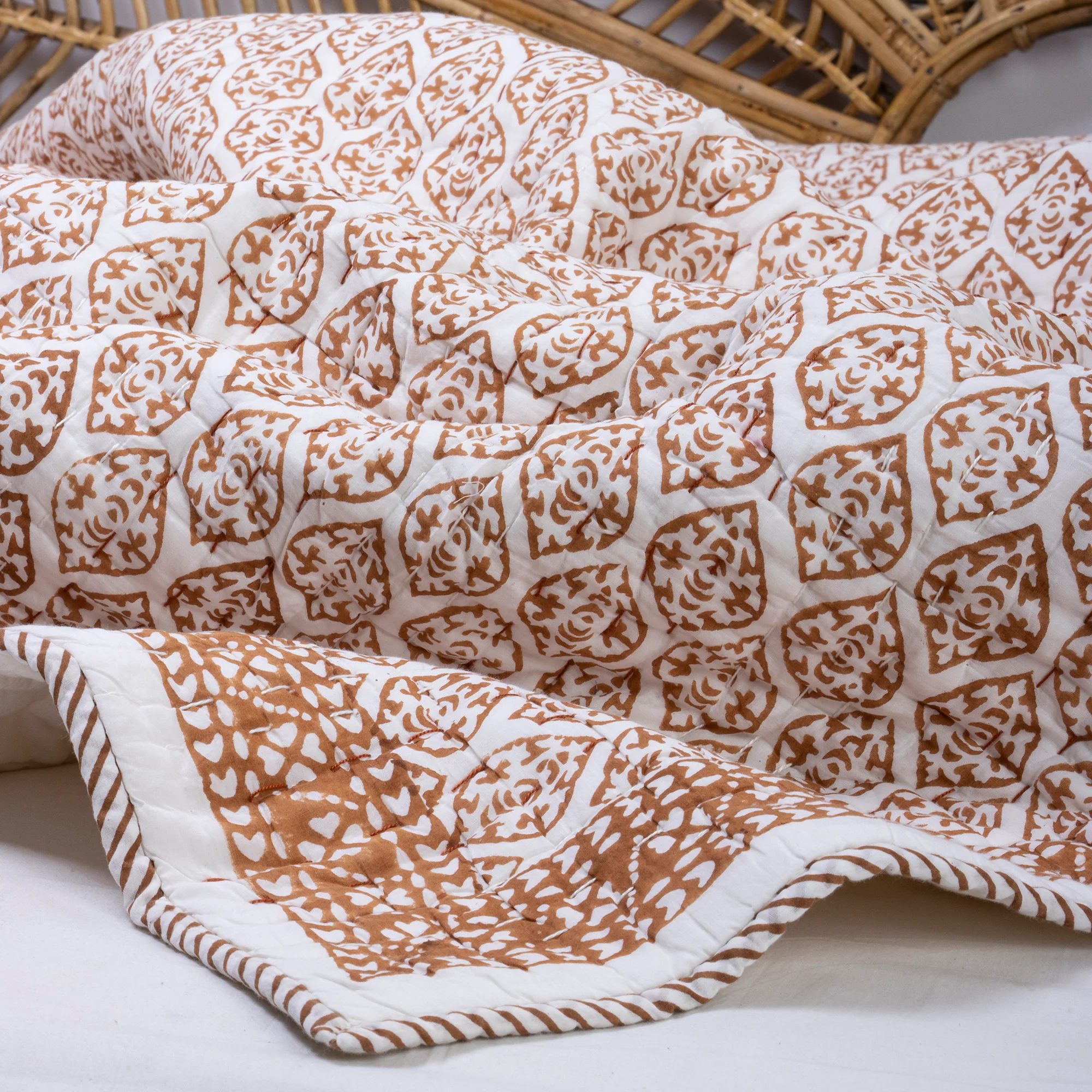 Modern Brown Geometric Hand Block Printed Pure Cotton Kantha Blankets - Image 3