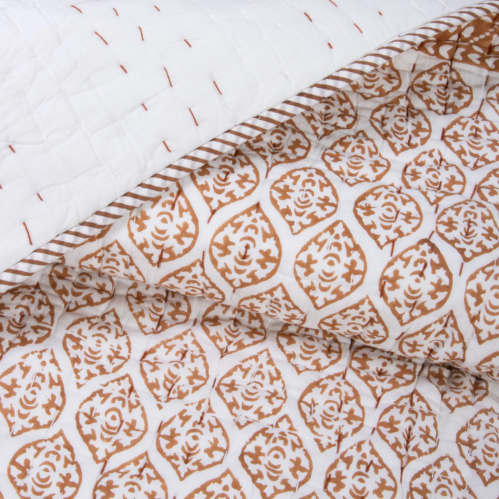 Modern Brown Geometric Hand Block Printed Pure Cotton Kantha Blankets - Image 5