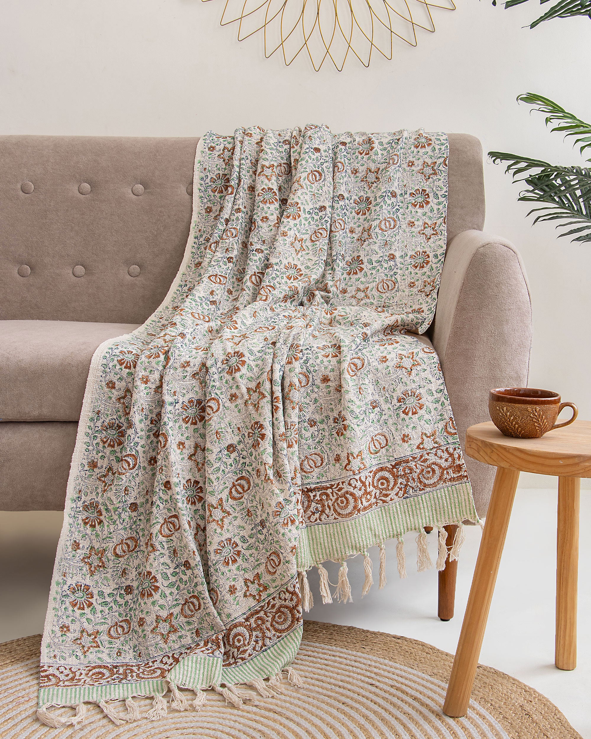 Decorative Floral Indian Hand Block Printed Pure Cotton Throw Blanket