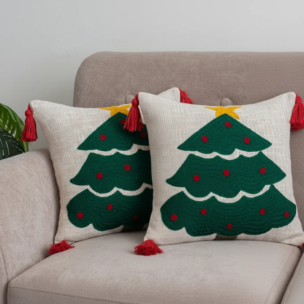 Christmas Tree Tufted Cushion Cover with Star Set of 2 - Image 3
