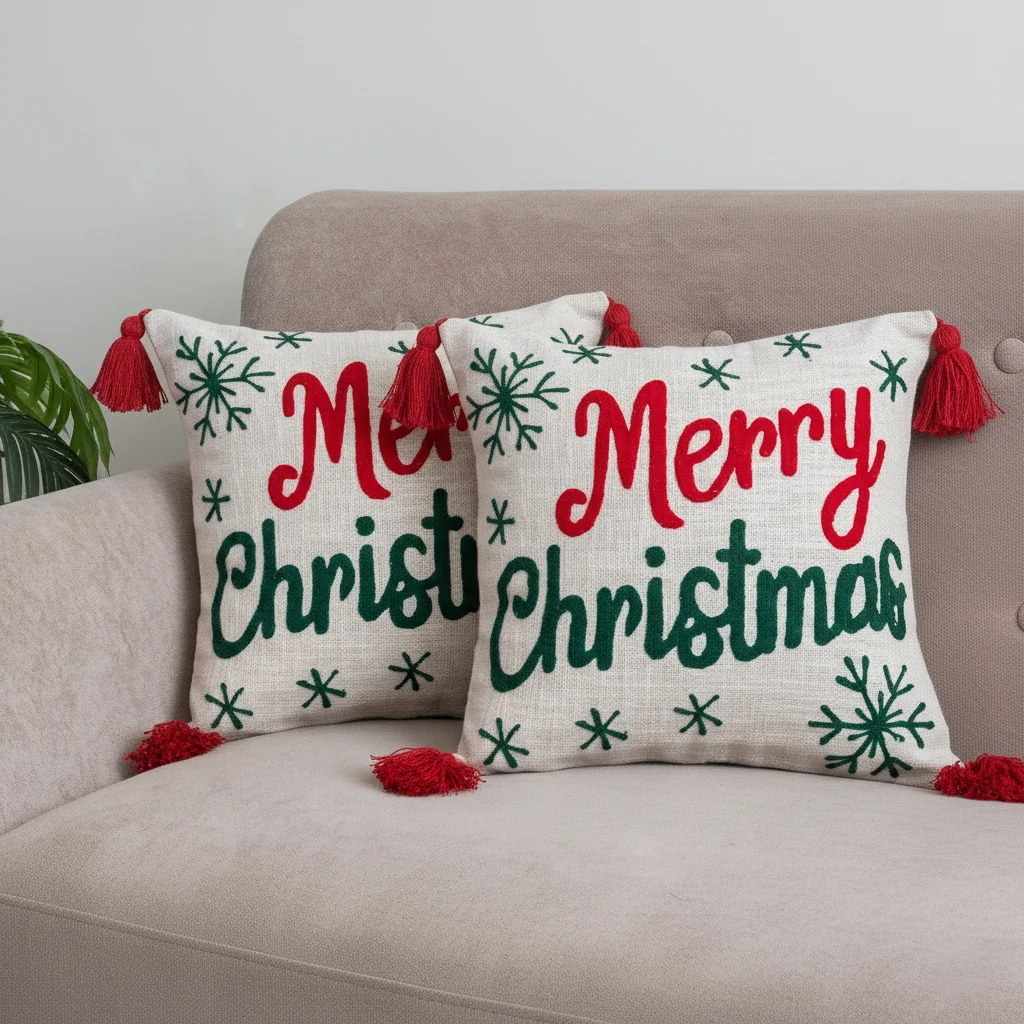 Festive Christmas Tufted Cushion Cover - Red & Green Holiday Decor Set of 2 - Image 3