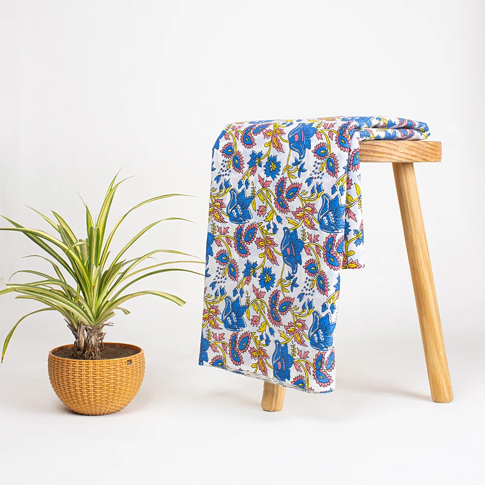 Classic Blue Floral Hand Block Printed Cotton Fabric
