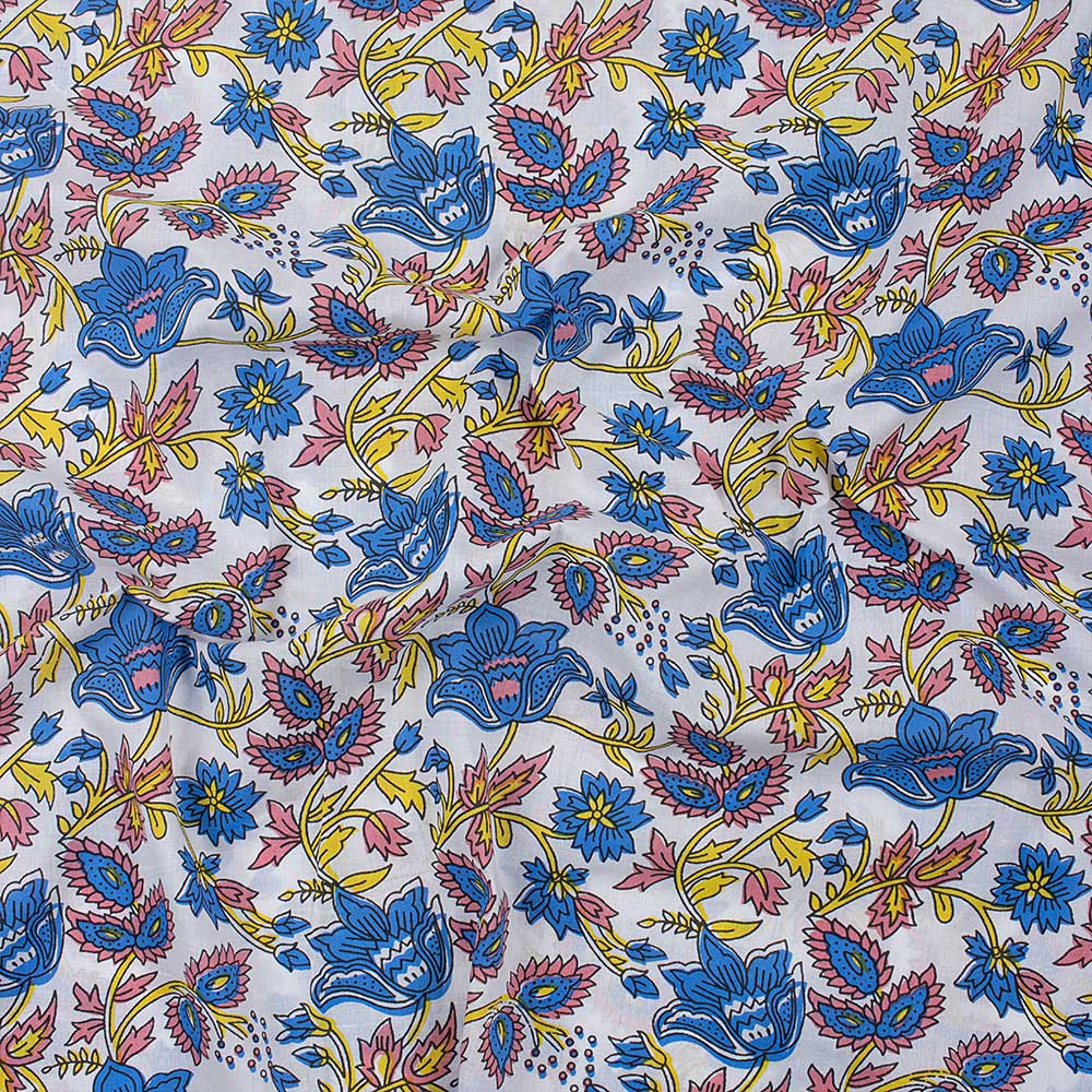 Classic Blue Floral Hand Block Printed Cotton Fabric - Image 2