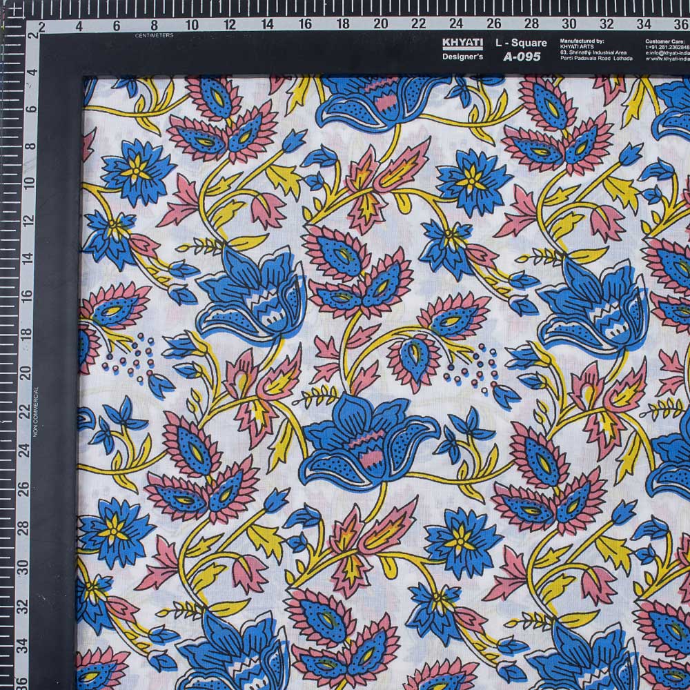 Classic Blue Floral Hand Block Printed Cotton Fabric - Image 3
