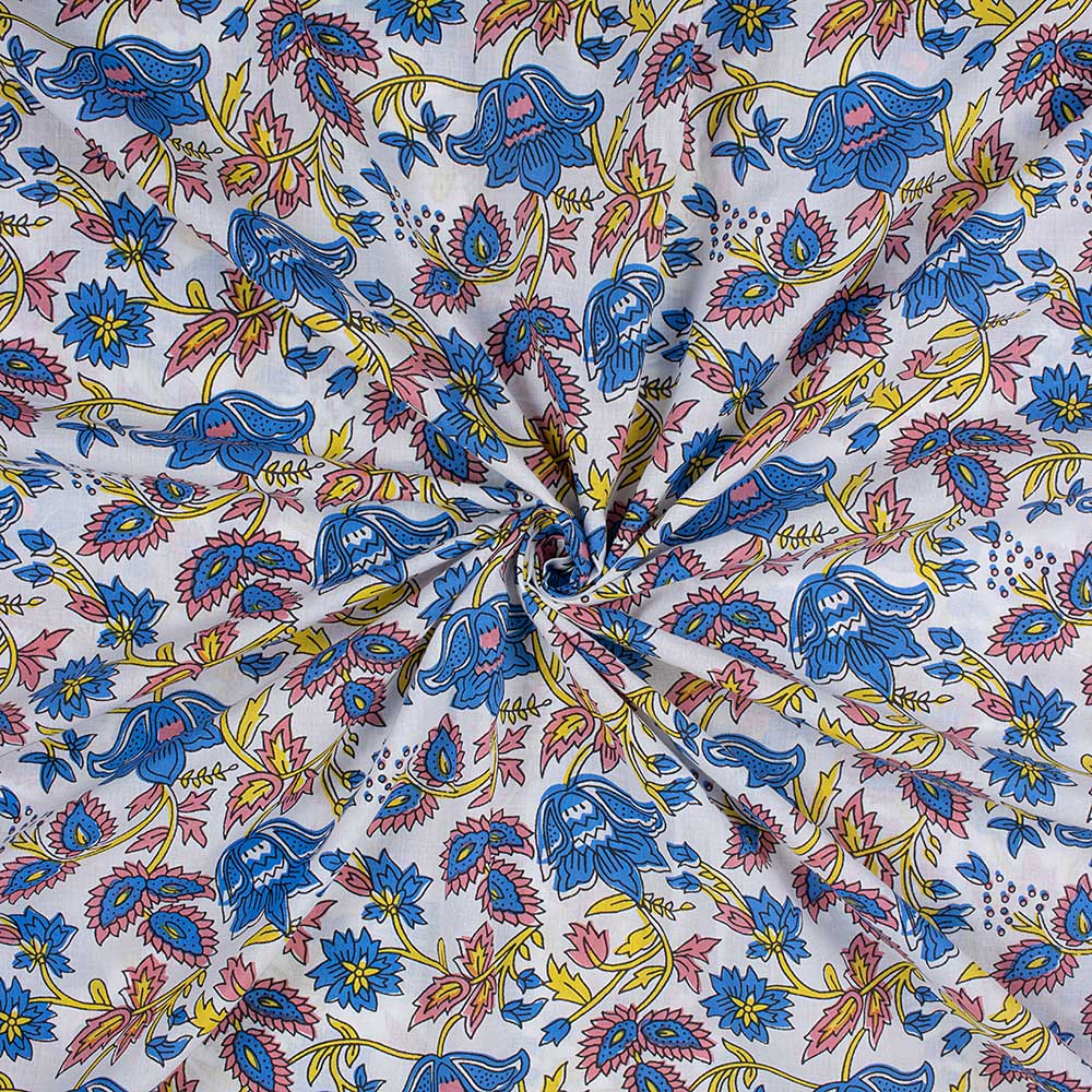 Classic Blue Floral Hand Block Printed Cotton Fabric - Image 4