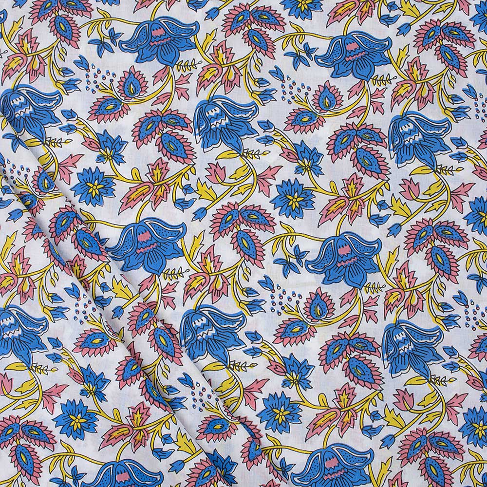 Classic Blue Floral Hand Block Printed Cotton Fabric - Image 5
