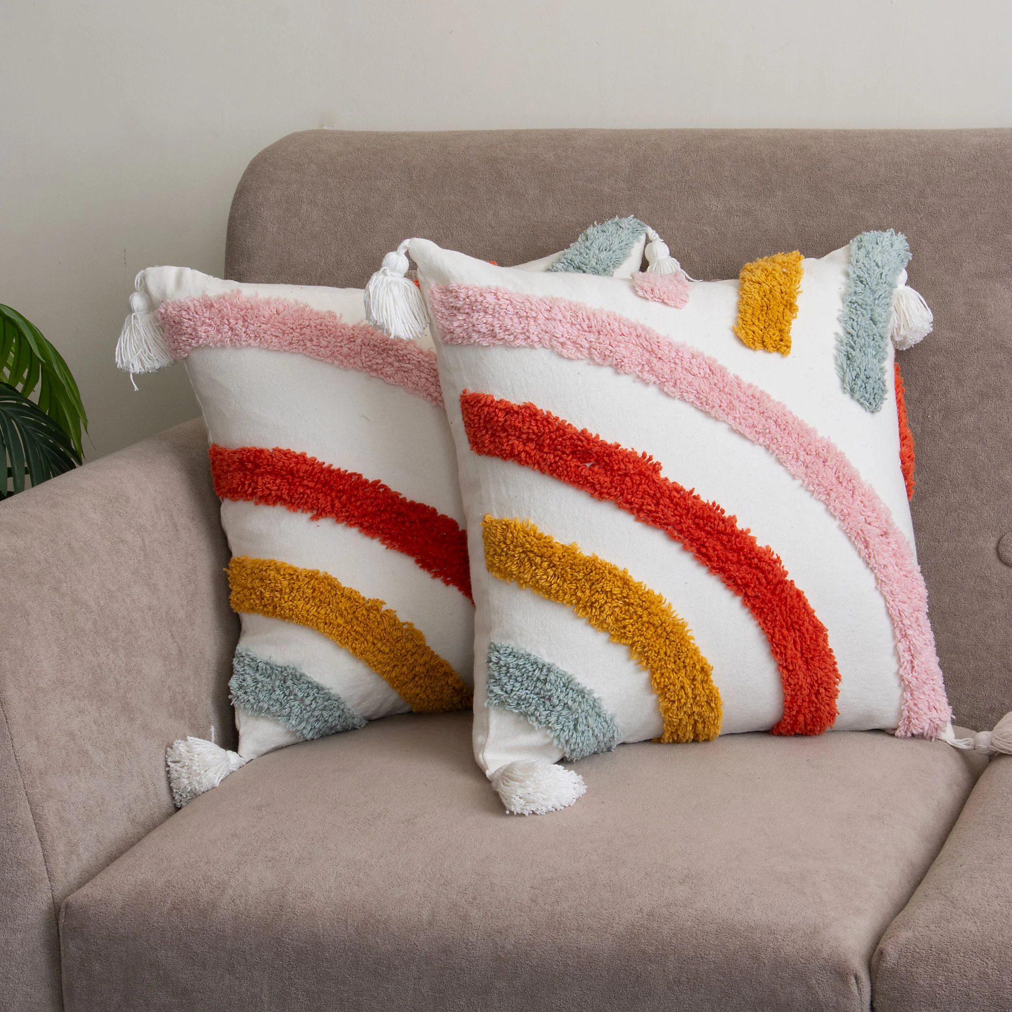 Colorful Tufted Striped Cushion Cover with Tassels Set of 2 - Image 4