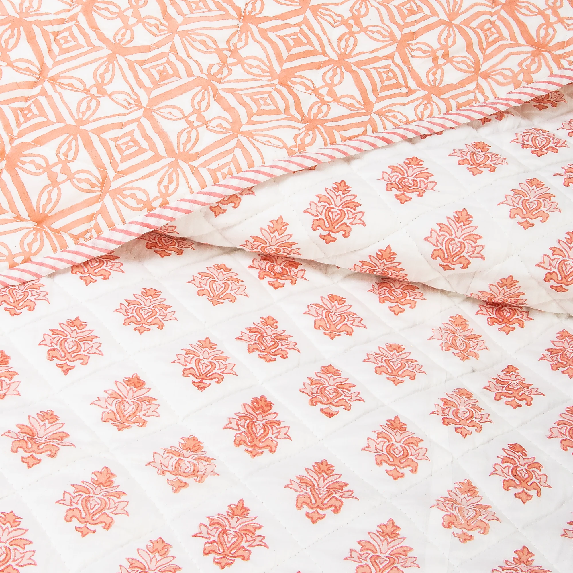Reversible Orange Floral Hand Block Printed Machine Cotton Quilt - Image 3