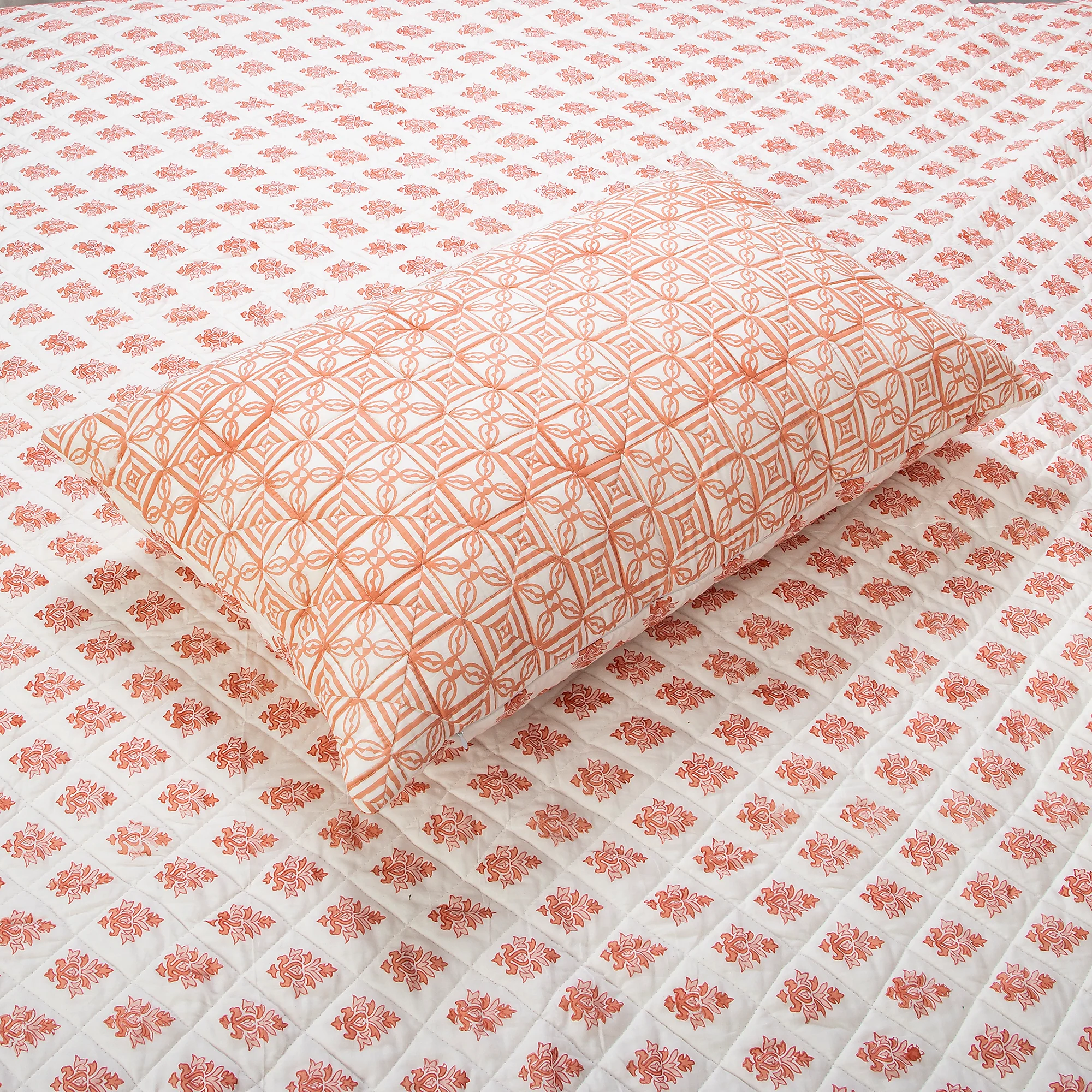 Reversible Orange Floral Hand Block Printed Machine Cotton Quilt - Image 4