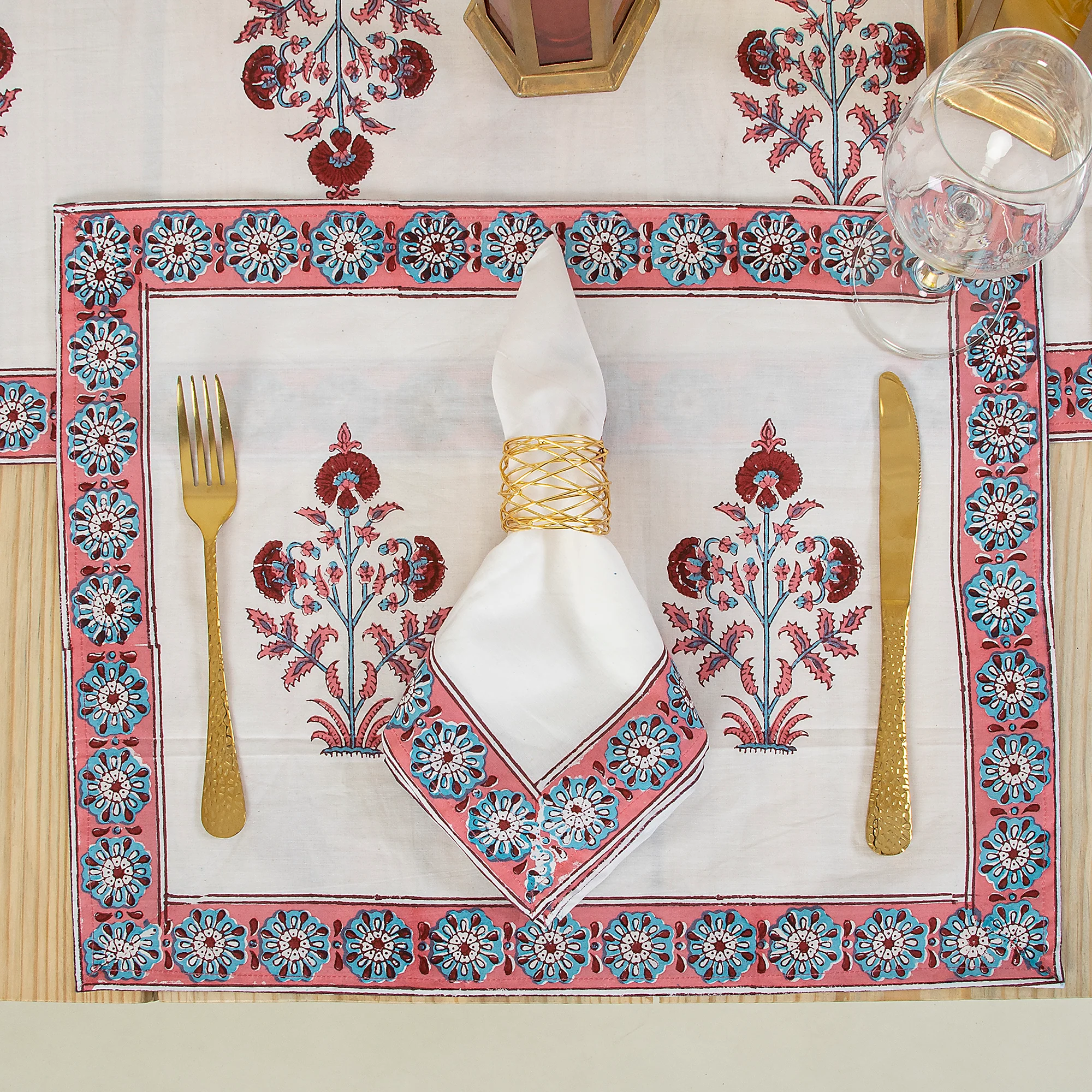 Cotton Hand Block Printed Floral Table Runner Set - Image 3