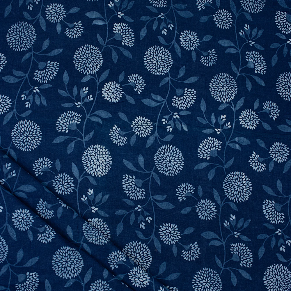 Indigo Blue Indian Hand Printed Pure Cotton Floral Dress Material Fabric - Image 2