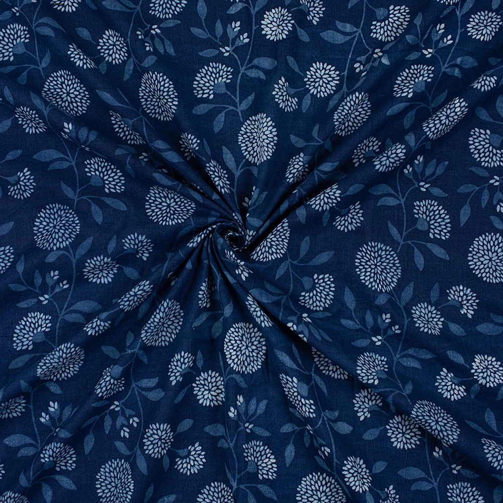 Indigo Blue Indian Hand Printed Pure Cotton Floral Dress Material Fabric - Image 3