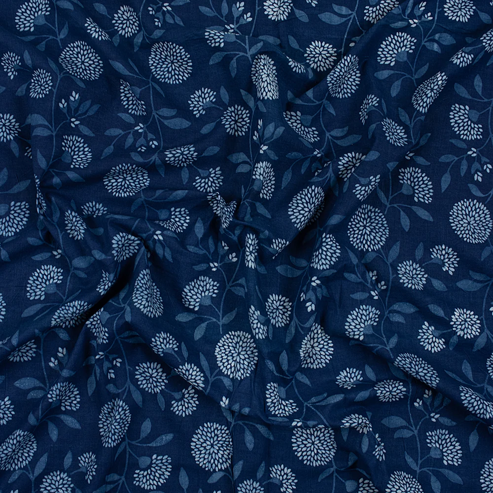 Indigo Blue Indian Hand Printed Pure Cotton Floral Dress Material Fabric - Image 4