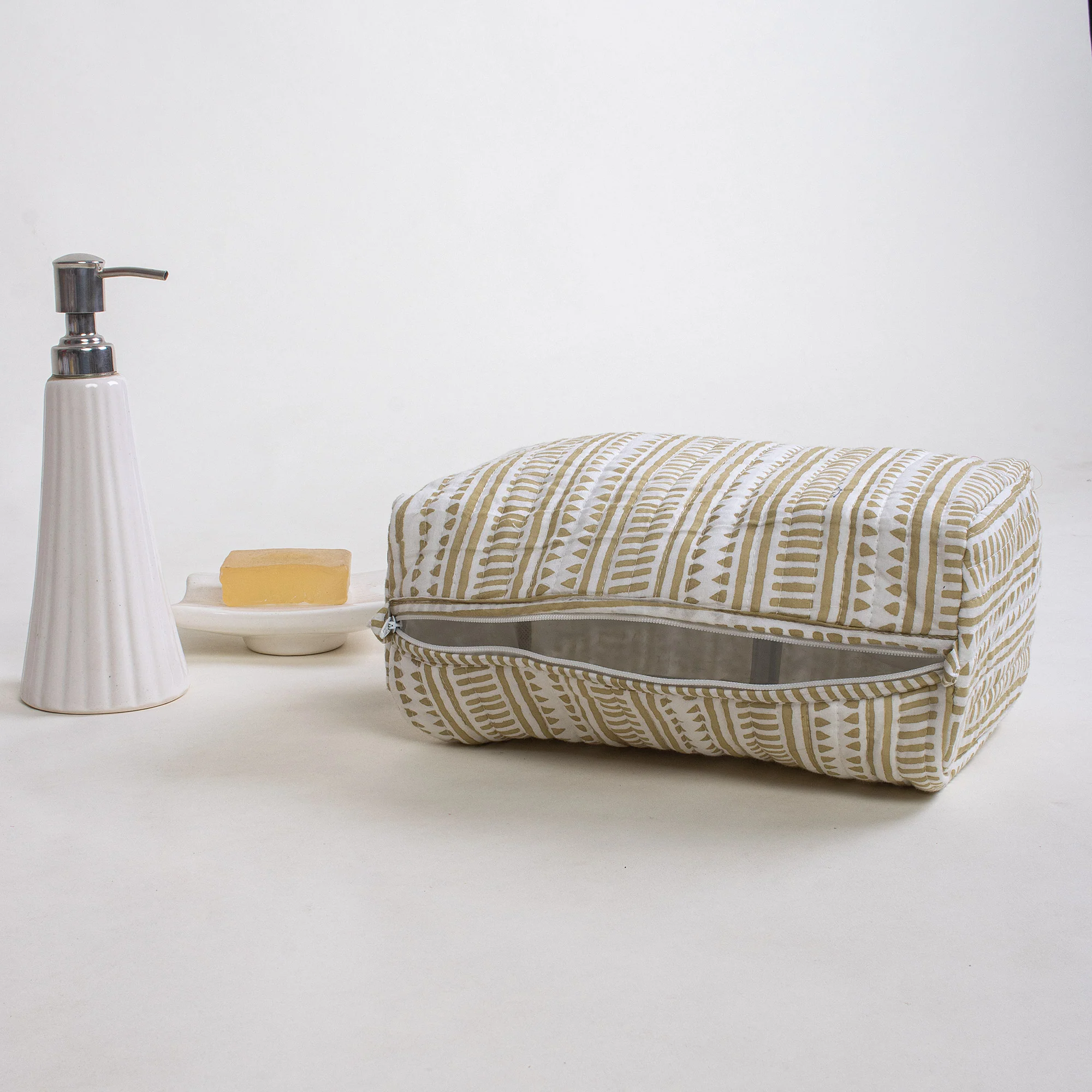 Set of 3 Hand Block Striped Cotton Women's Toiletry Bag with Pockets - Image 3