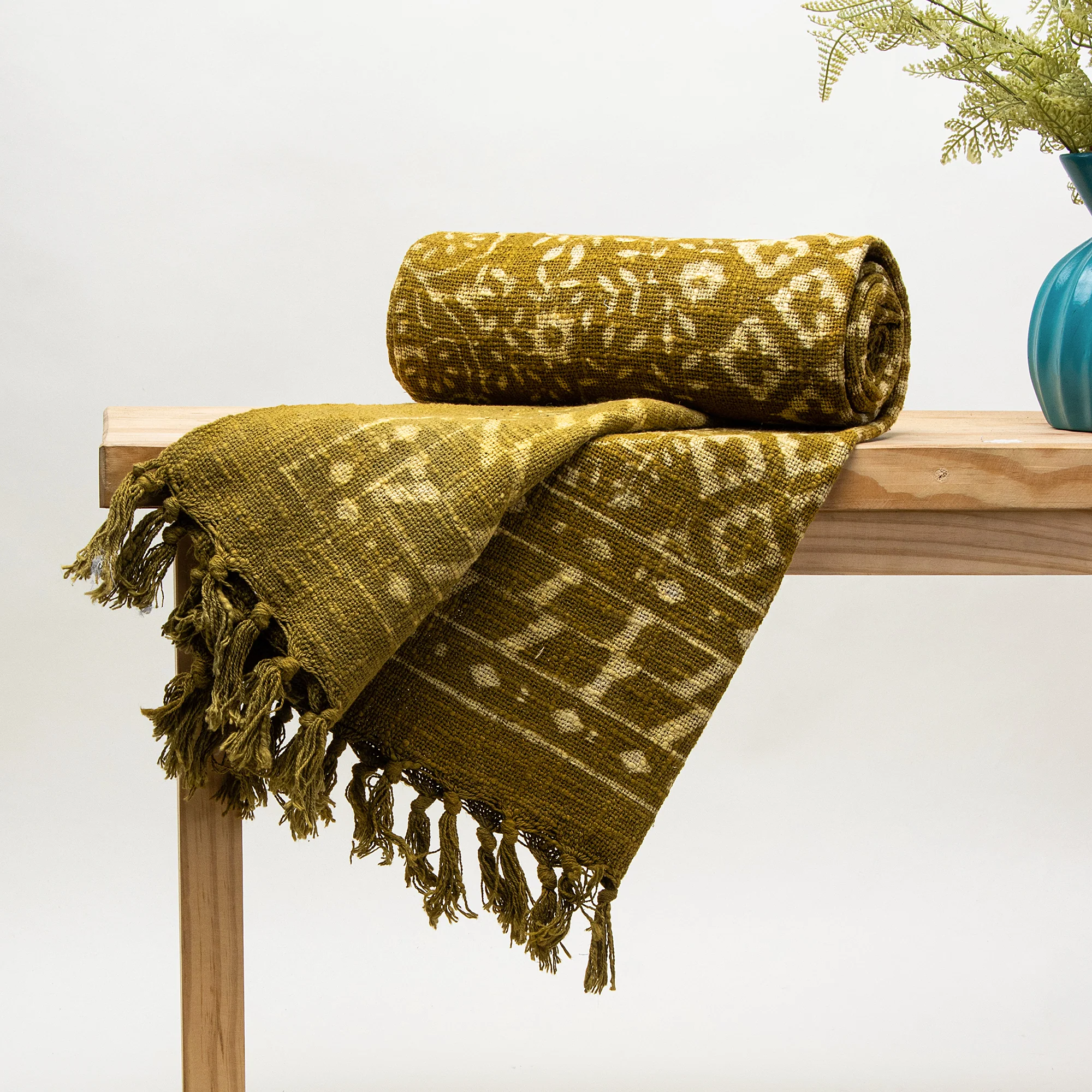 Green Floral Indian Handmade Block Printed Cotton Throw Blankets for Gift