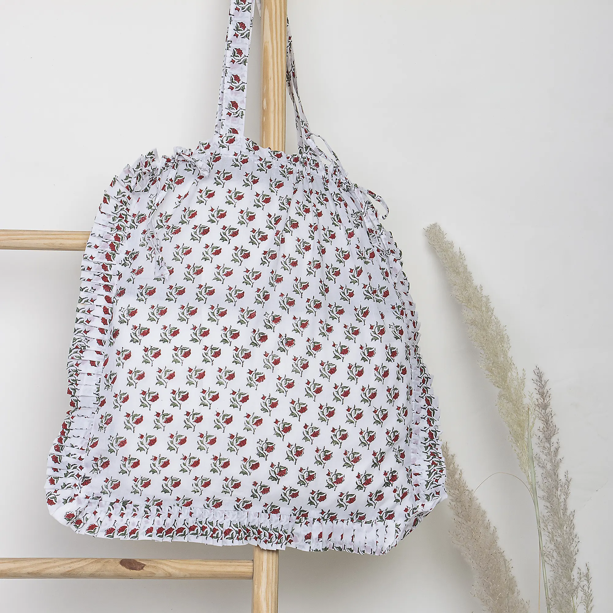 Red Floral Hand Blocked Printed Pure Cotton Ruffle Travel Tote Bag - Image 3
