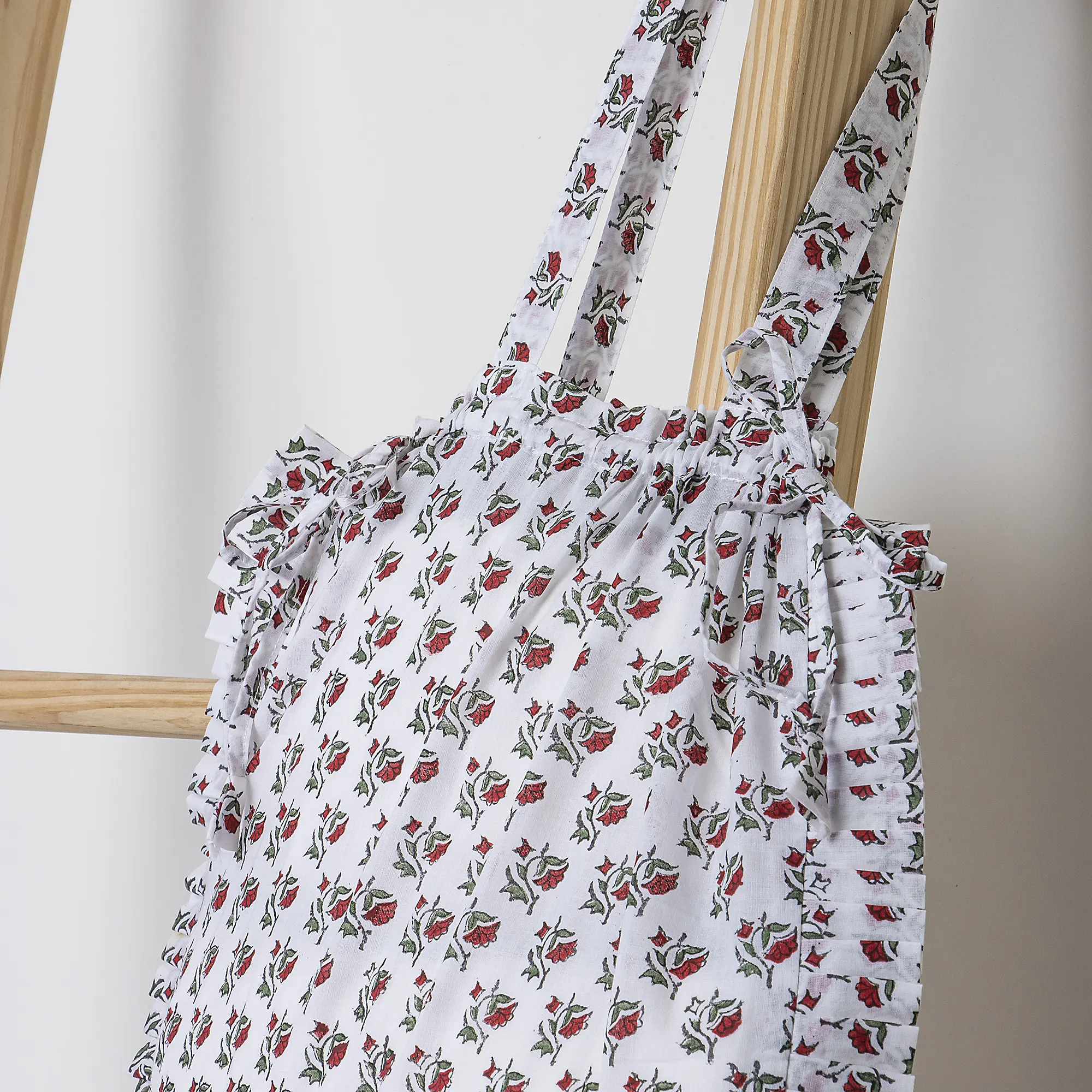 Red Floral Hand Blocked Printed Pure Cotton Ruffle Travel Tote Bag - Image 4