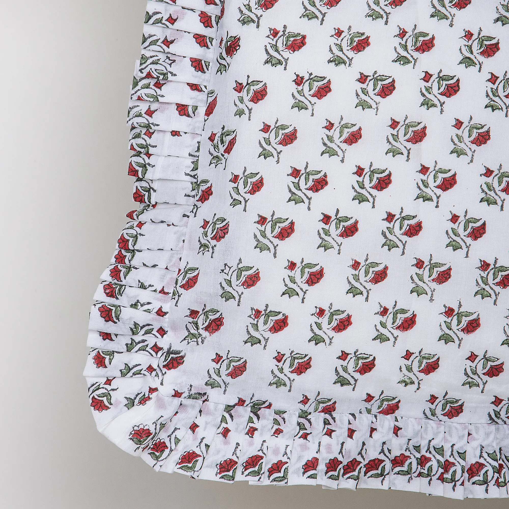 Red Floral Hand Blocked Printed Pure Cotton Ruffle Travel Tote Bag - Image 5