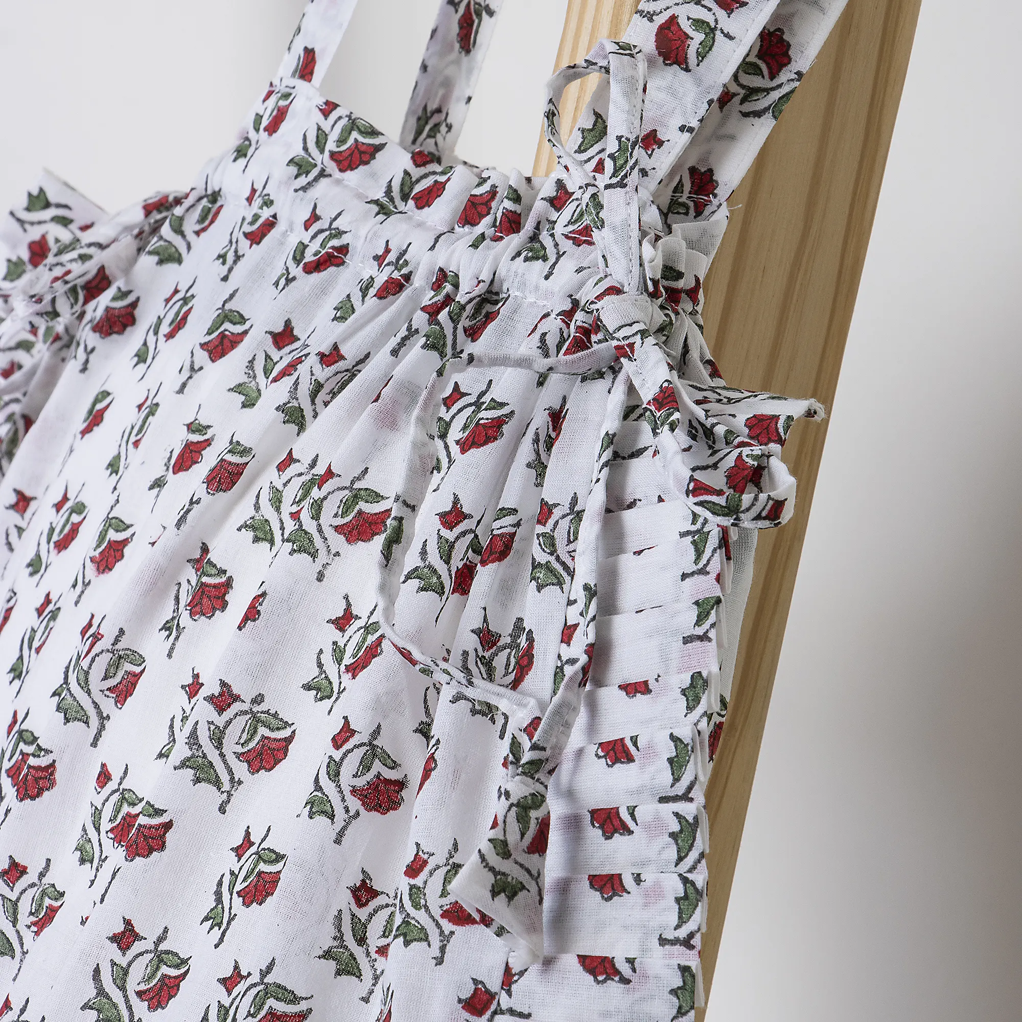 Red Floral Hand Blocked Printed Pure Cotton Ruffle Travel Tote Bag - Image 6