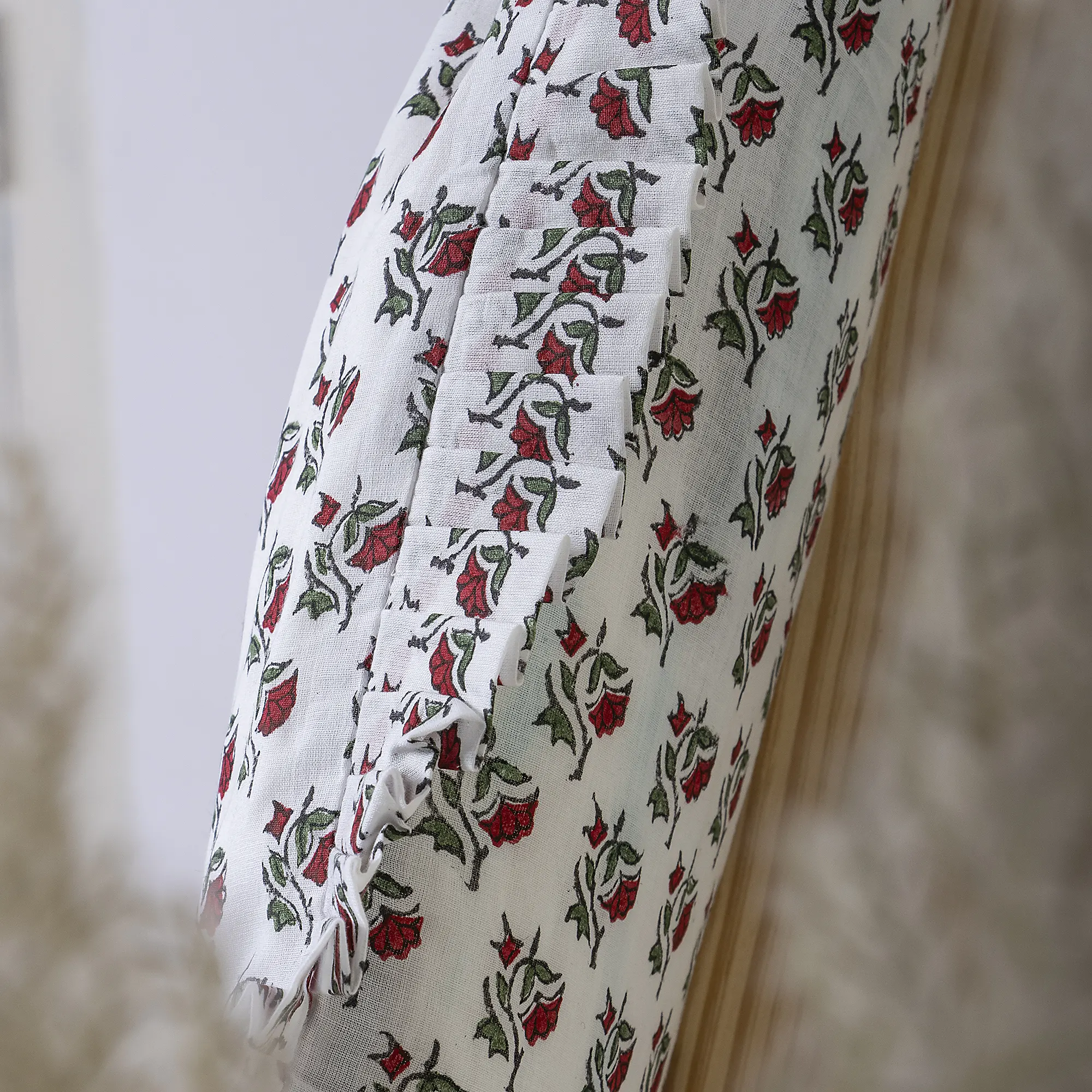 Red Floral Hand Blocked Printed Pure Cotton Ruffle Travel Tote Bag - Image 7
