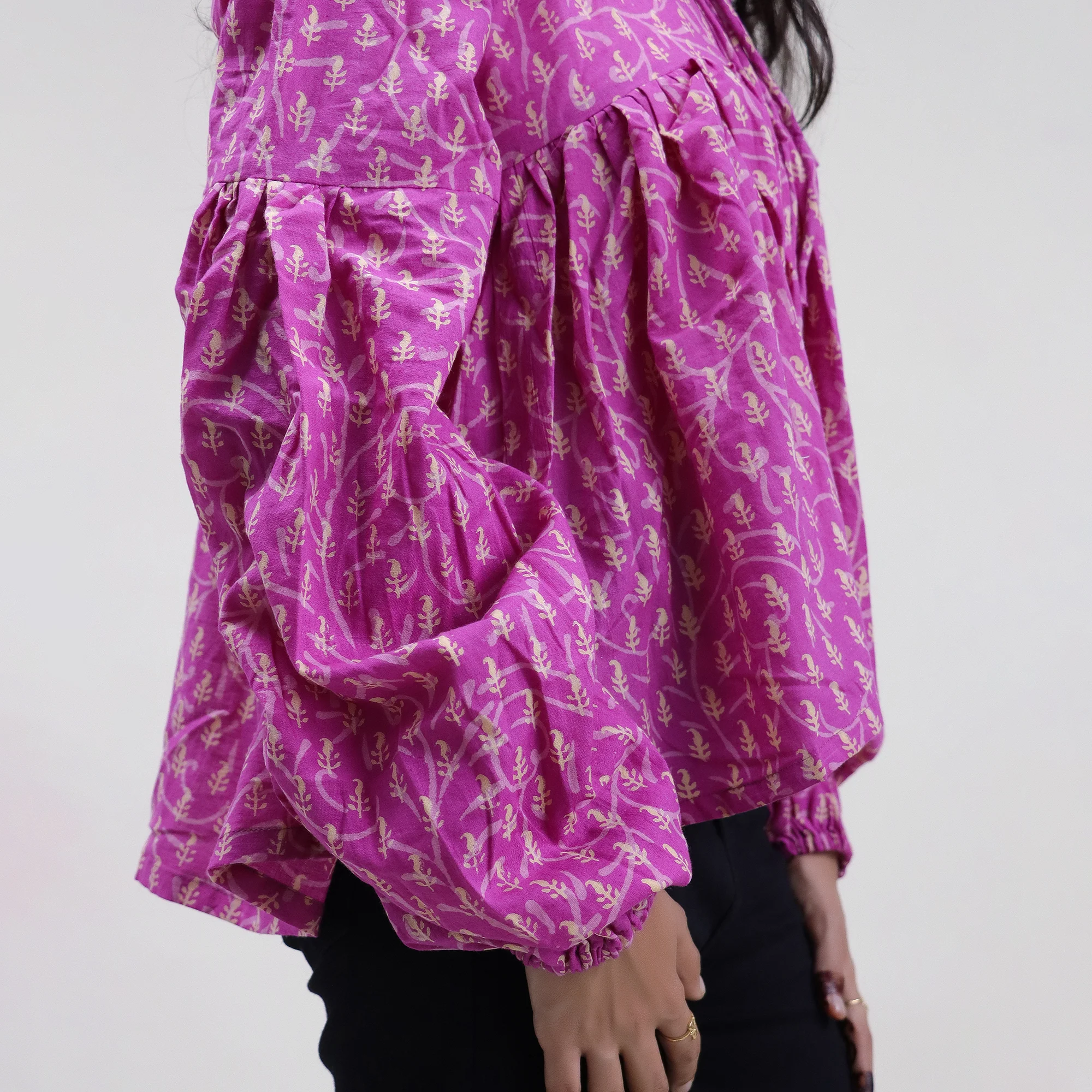 Dark Pink Leaf Print Hand Cotton Short Top for Girls - Image 2
