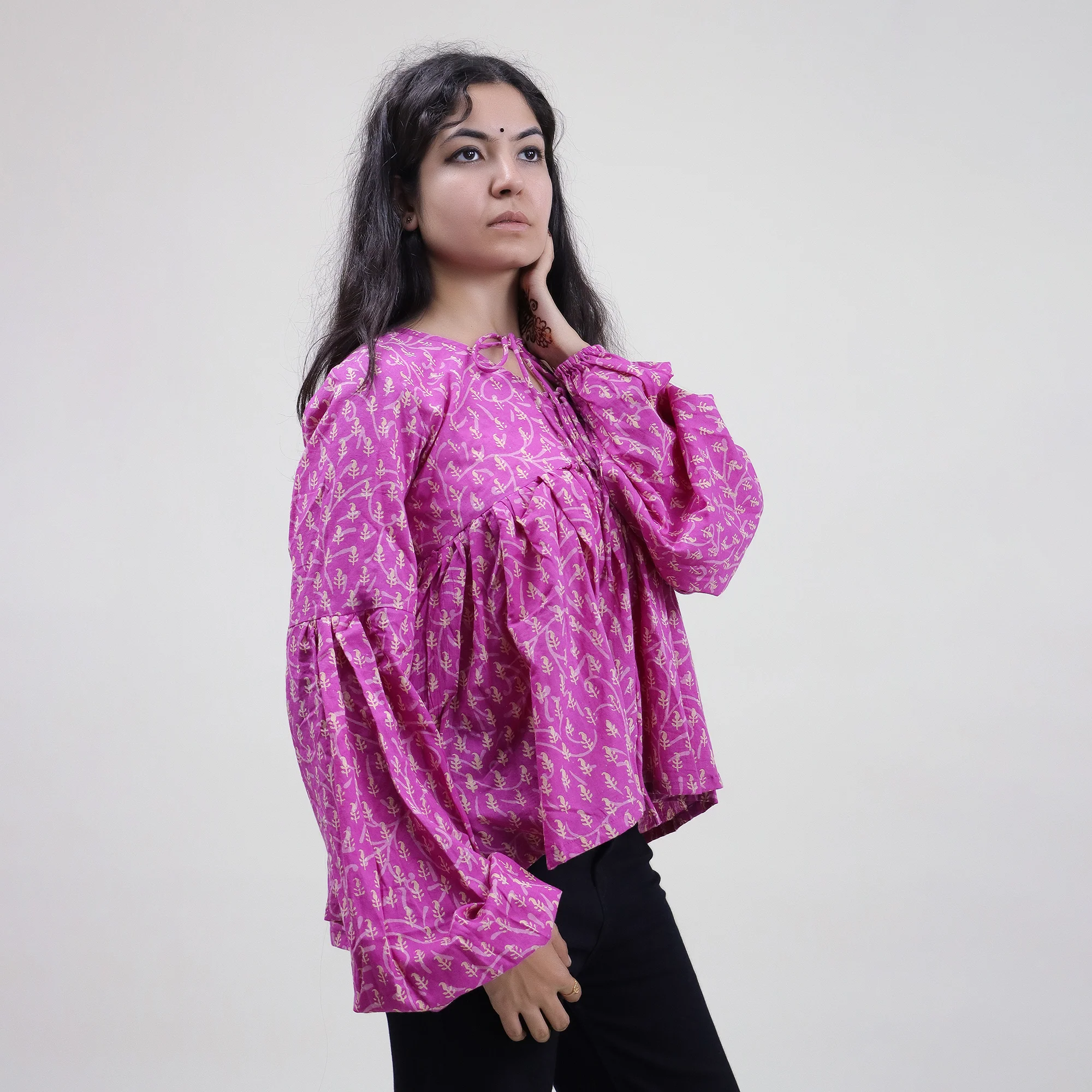 Dark Pink Leaf Print Hand Cotton Short Top for Girls - Image 5