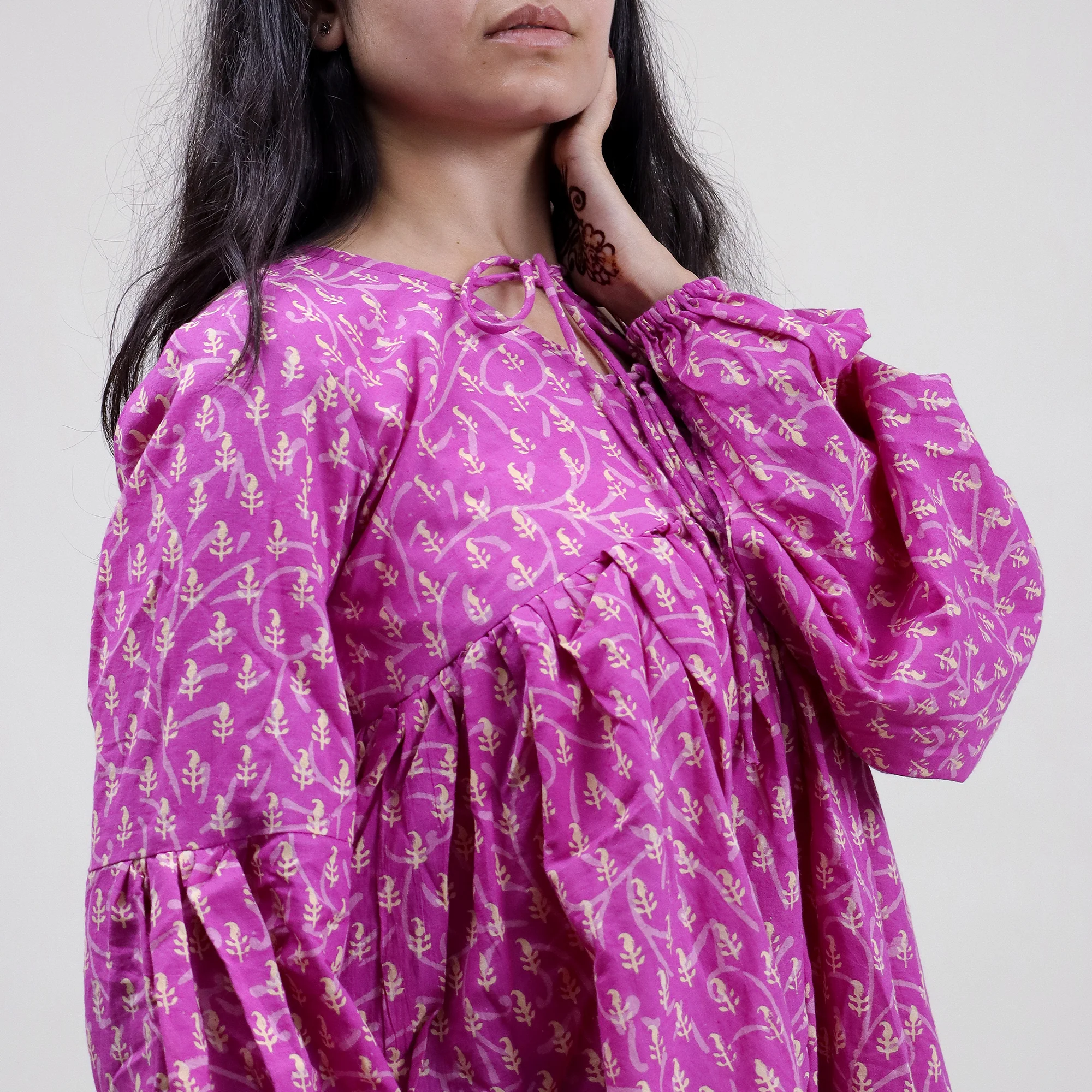 Dark Pink Leaf Print Hand Cotton Short Top for Girls - Image 6