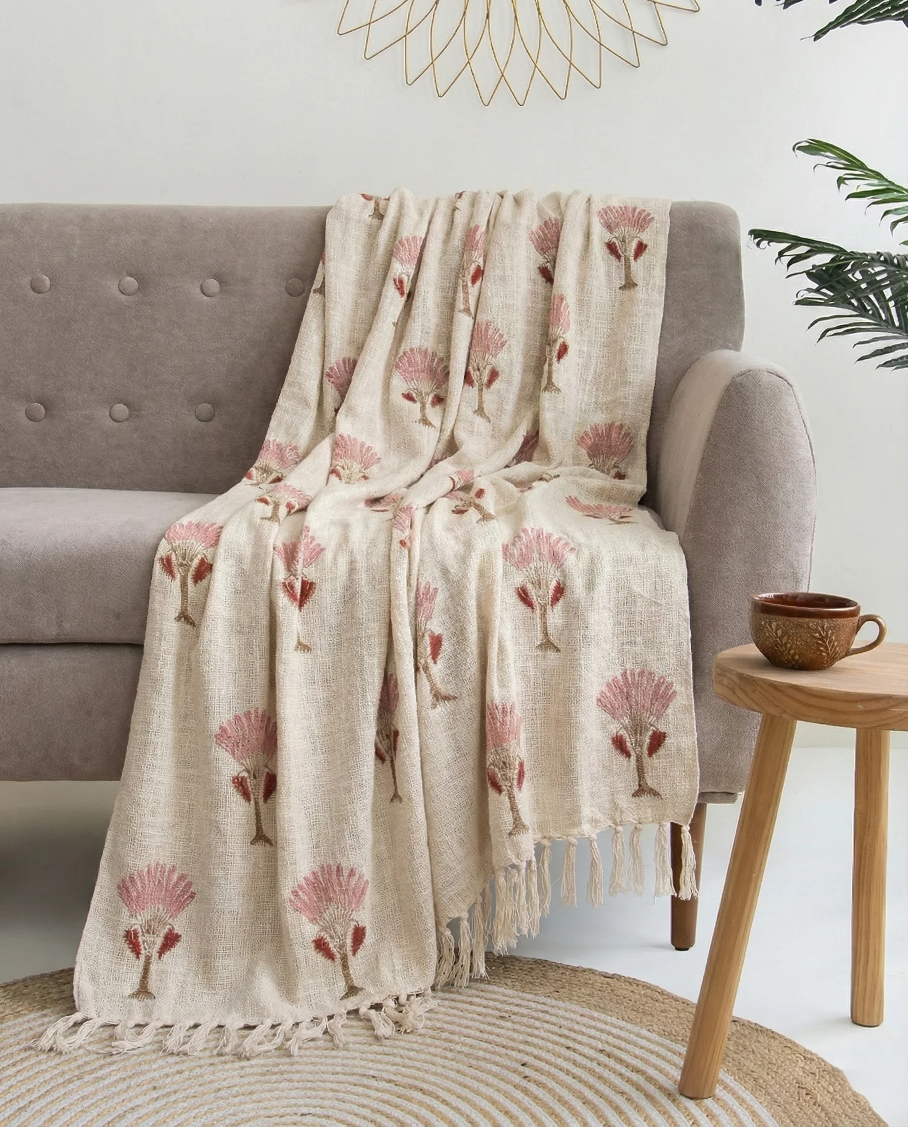 Floral Hand Block Printed Sofa Throw Blanket