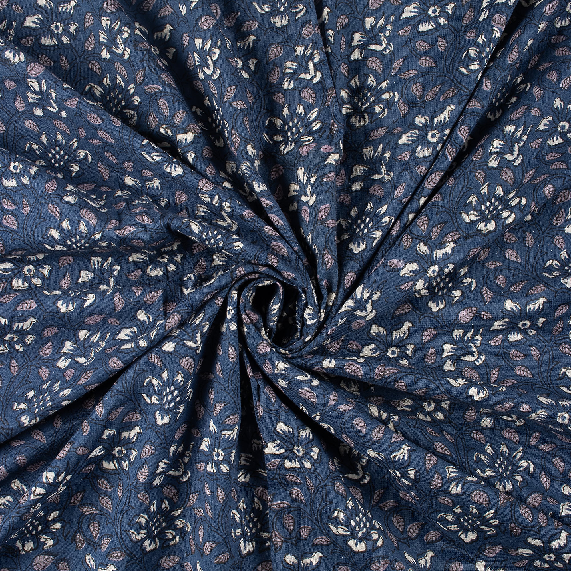 Discharge Hand Printed Blue Floral Cotton Fabric - Image 4