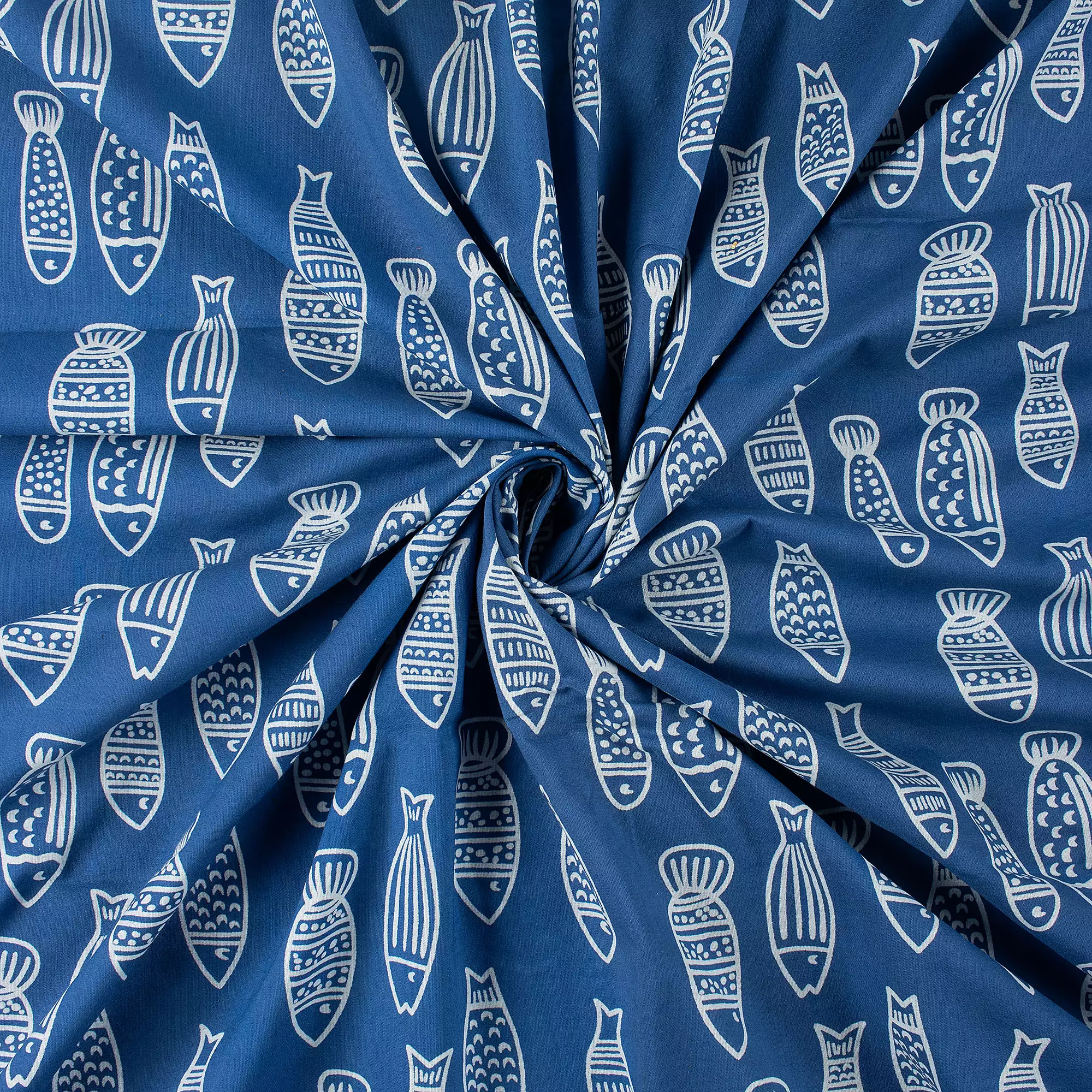 Discharge Indigo Blue Fish Cotton Fabric by the Yard - Image 4