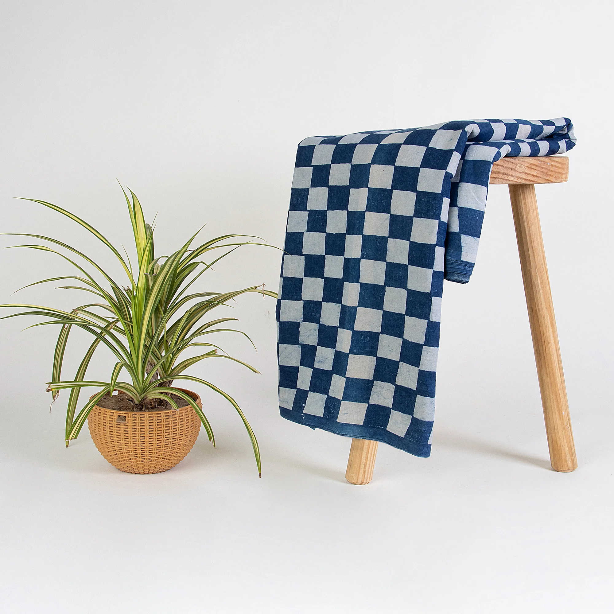 Organic Indigo Blue Check Hand Printed Cotton Multiuse Running Fabric - Image 3