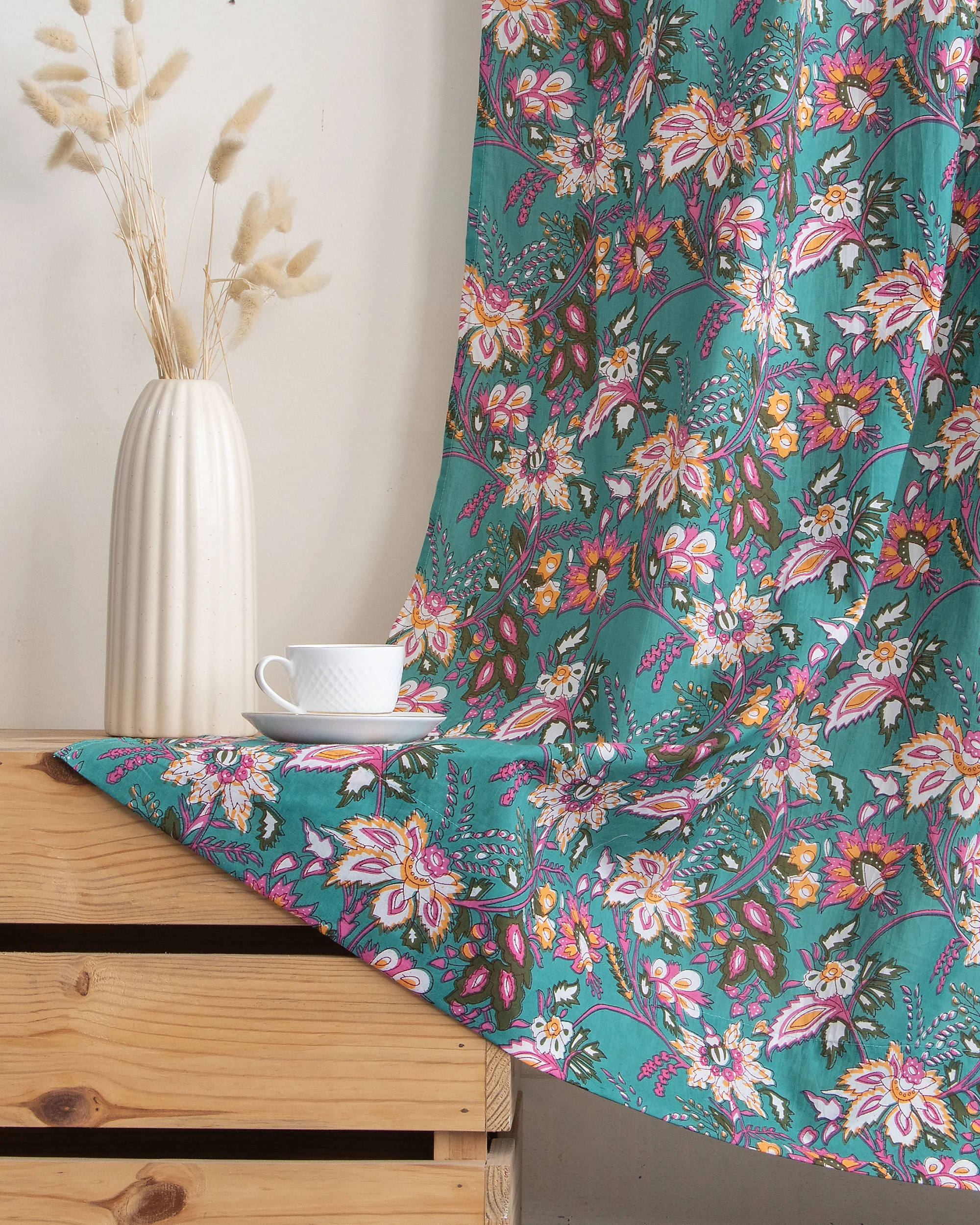Multicolor Floral Block Printed Cotton Curtain for Kitchen | Home Decor - Image 4