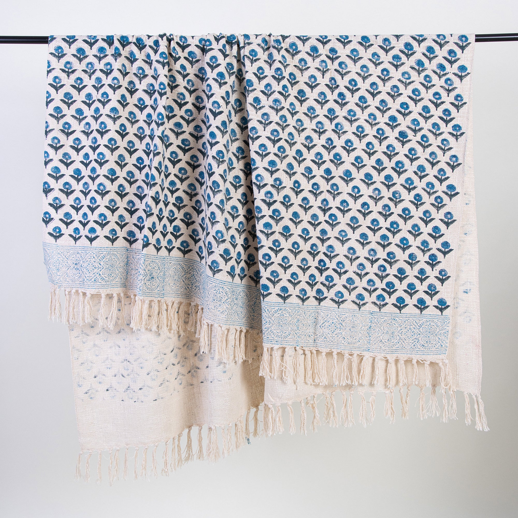 Organic Indian Handmade Blue Floral Block Printed Cotton Throw Blankets - Image 4
