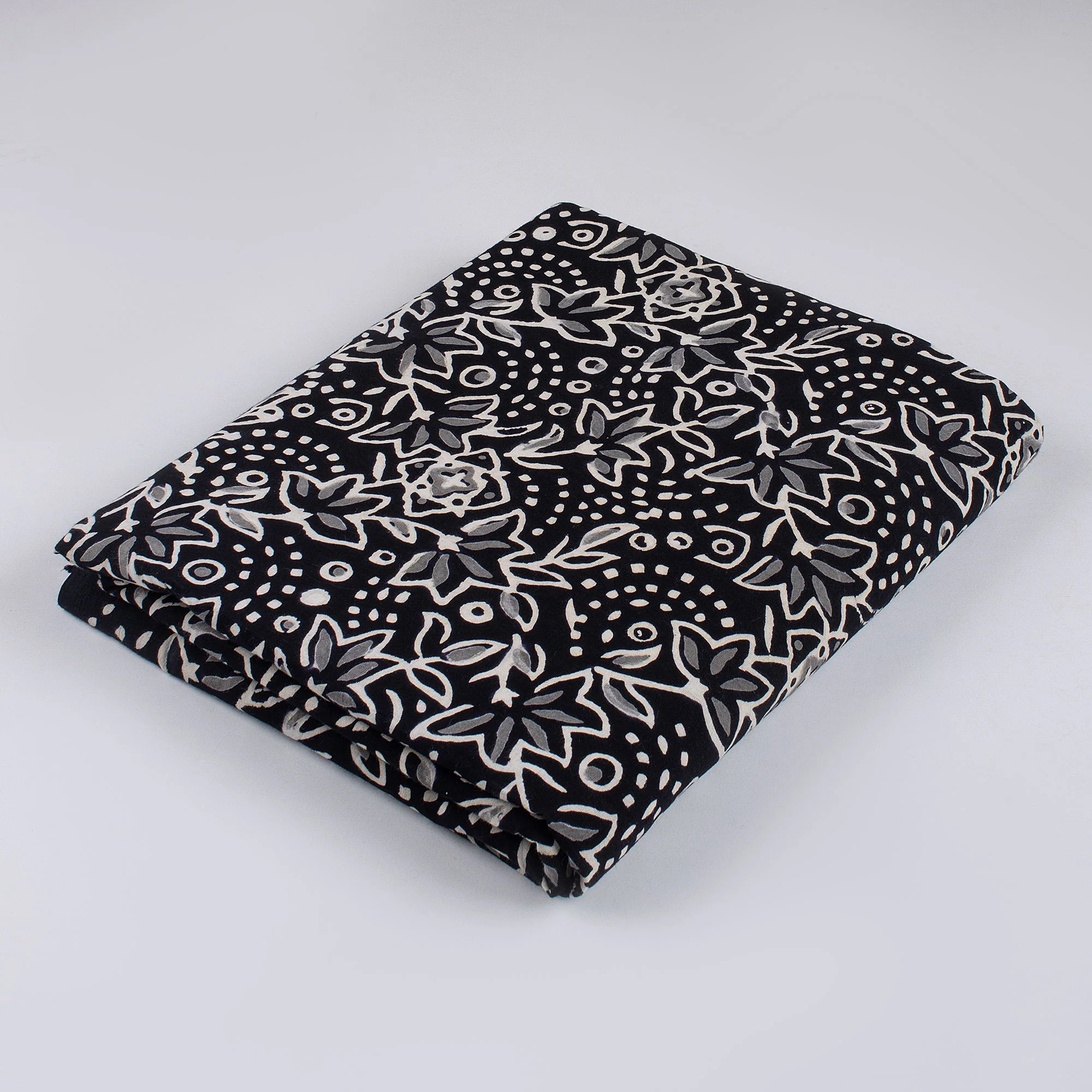 Floral Hand Block Printed Black and White Fabric