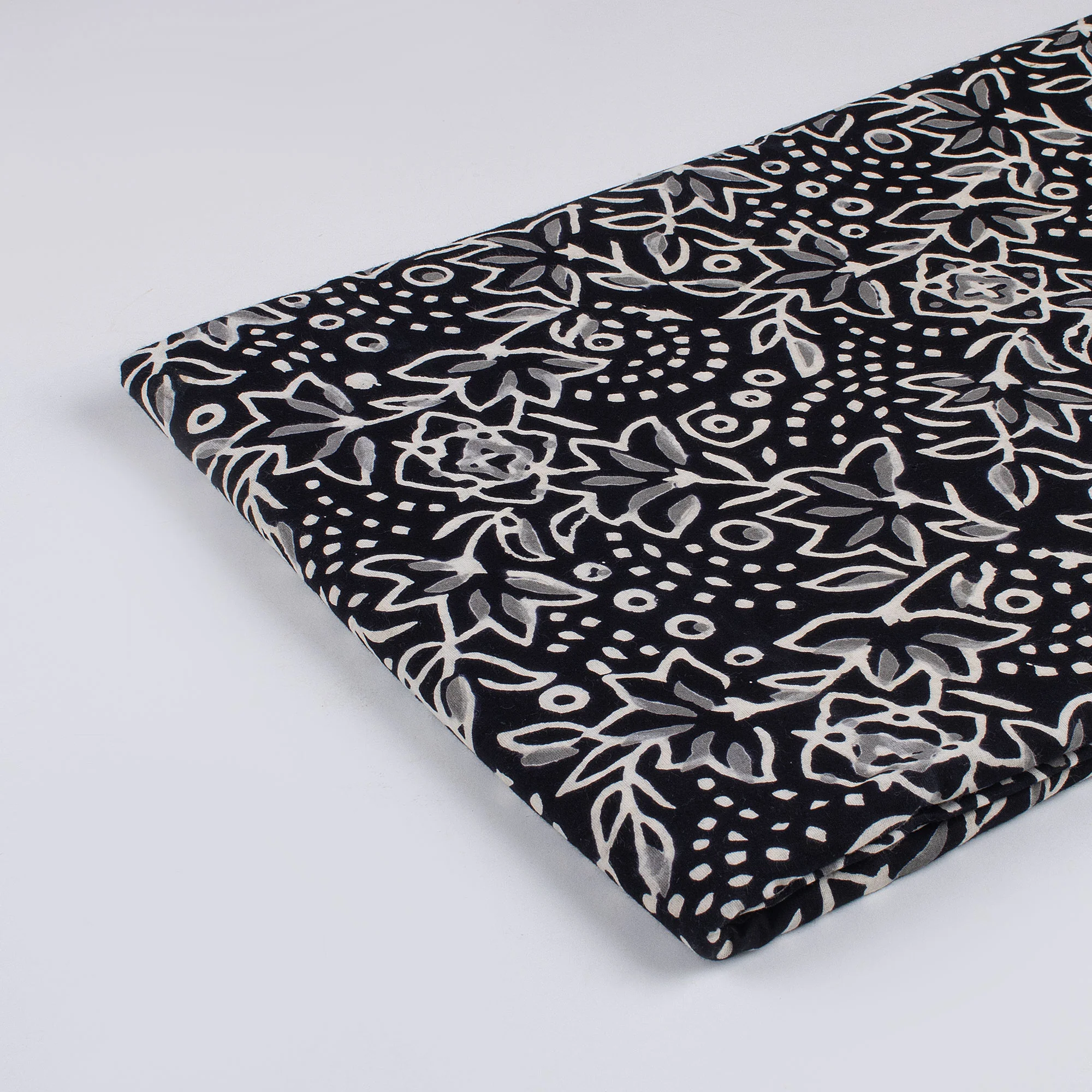 Floral Hand Block Printed Black and White Fabric - Image 6