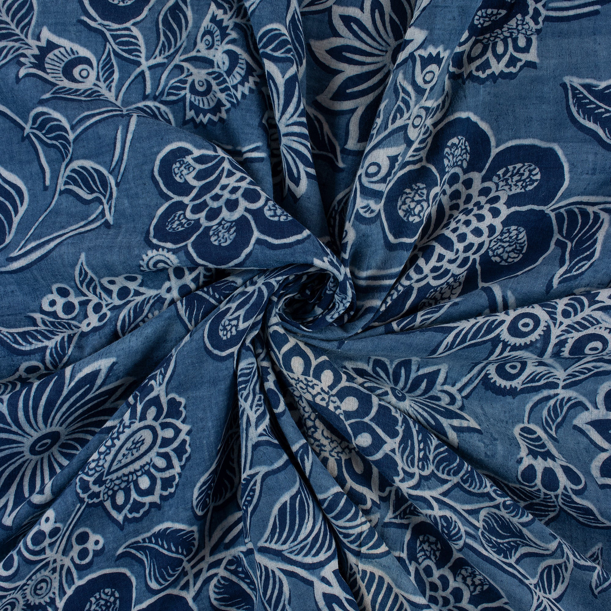 Floral Indigo Blue Hand Block Printed Fabric - Image 4