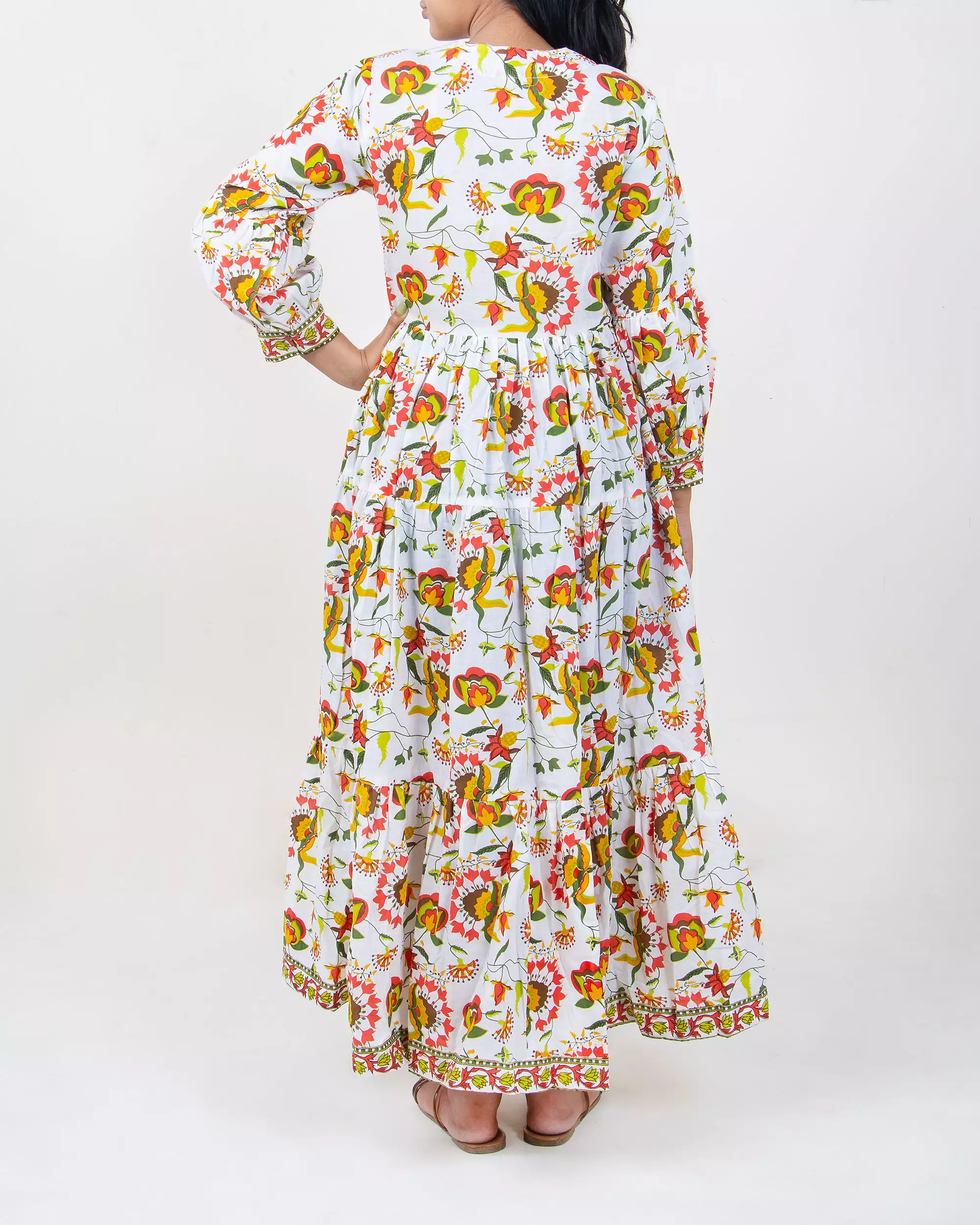 Hand Block Printed Long Floral Maxi Dress with Sleeves - Image 5