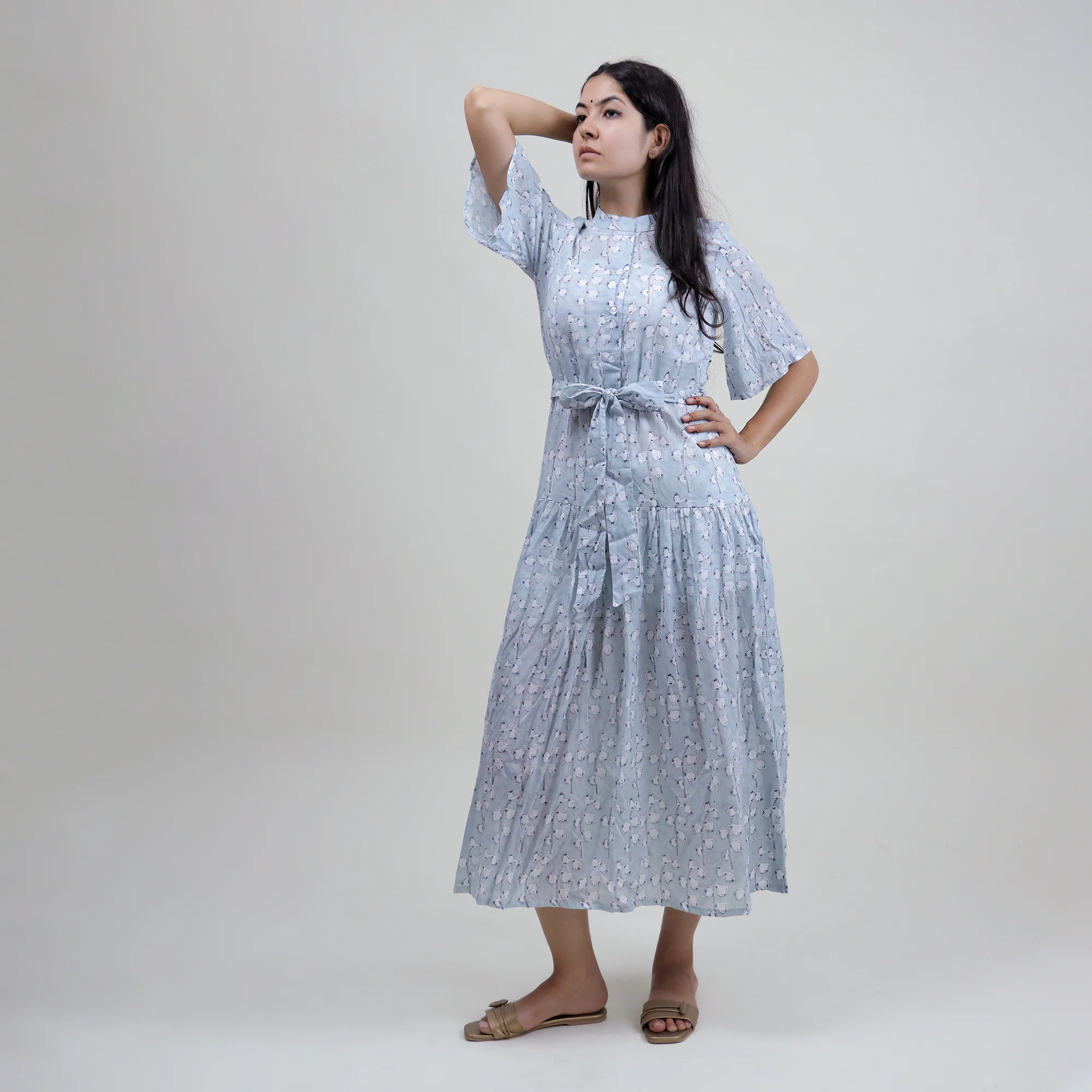 Floral Hand Block Printed Midi Dress For Women's