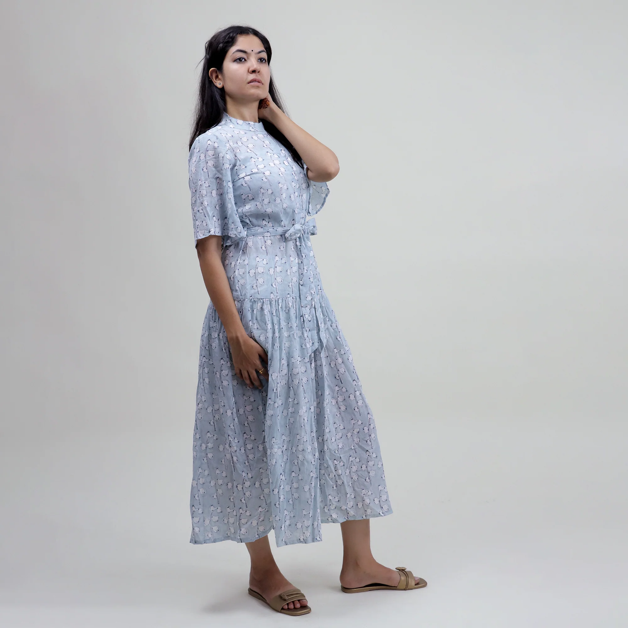Floral Hand Block Printed Midi Dress For Women's - Image 2
