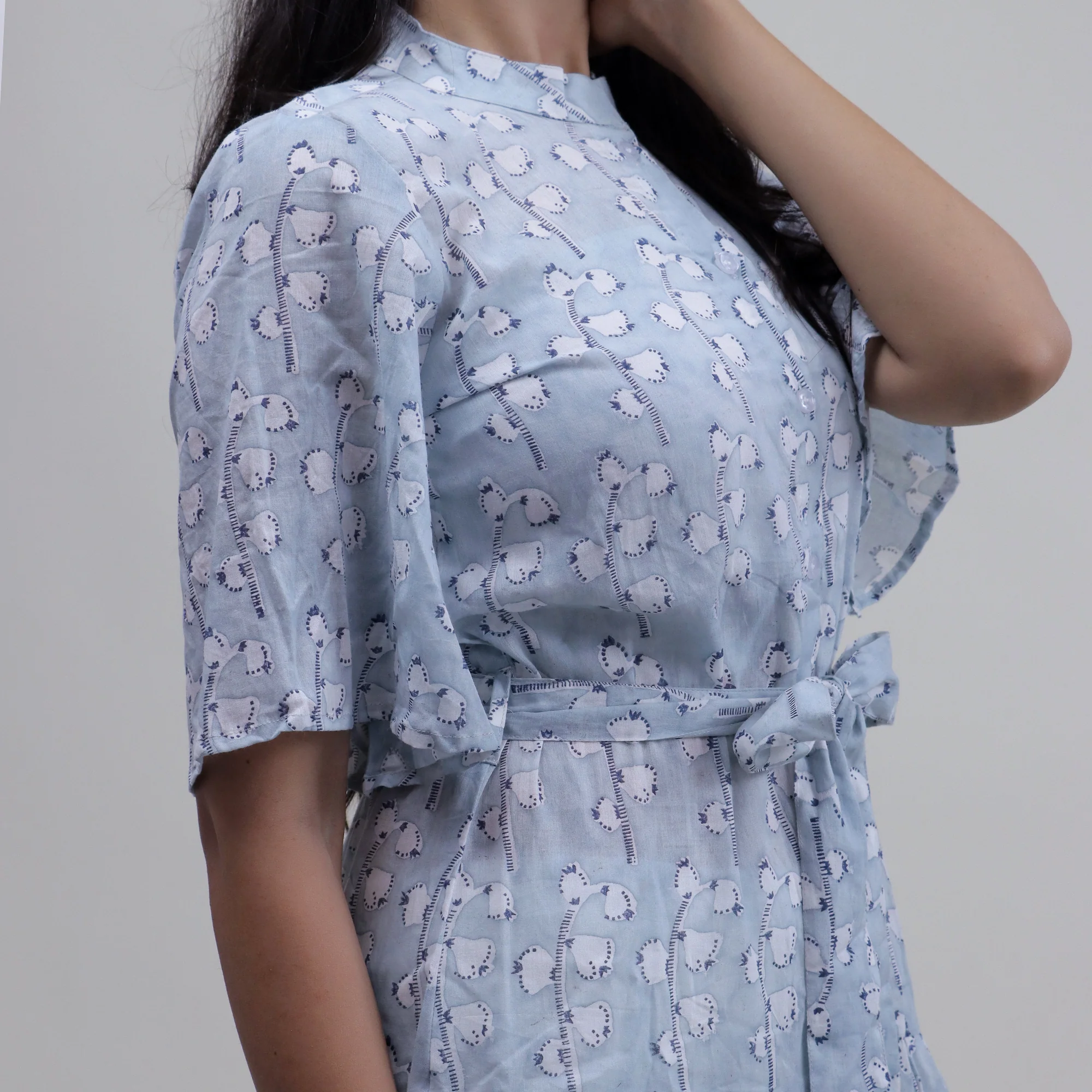 Floral Hand Block Printed Midi Dress For Women's - Image 3