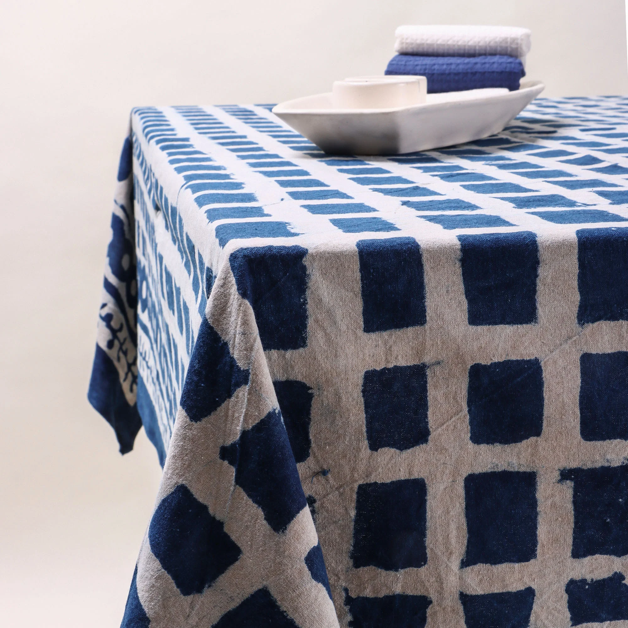 Geometrical Blue Hand Printed Cotton Dining Tablecloth - Image 5