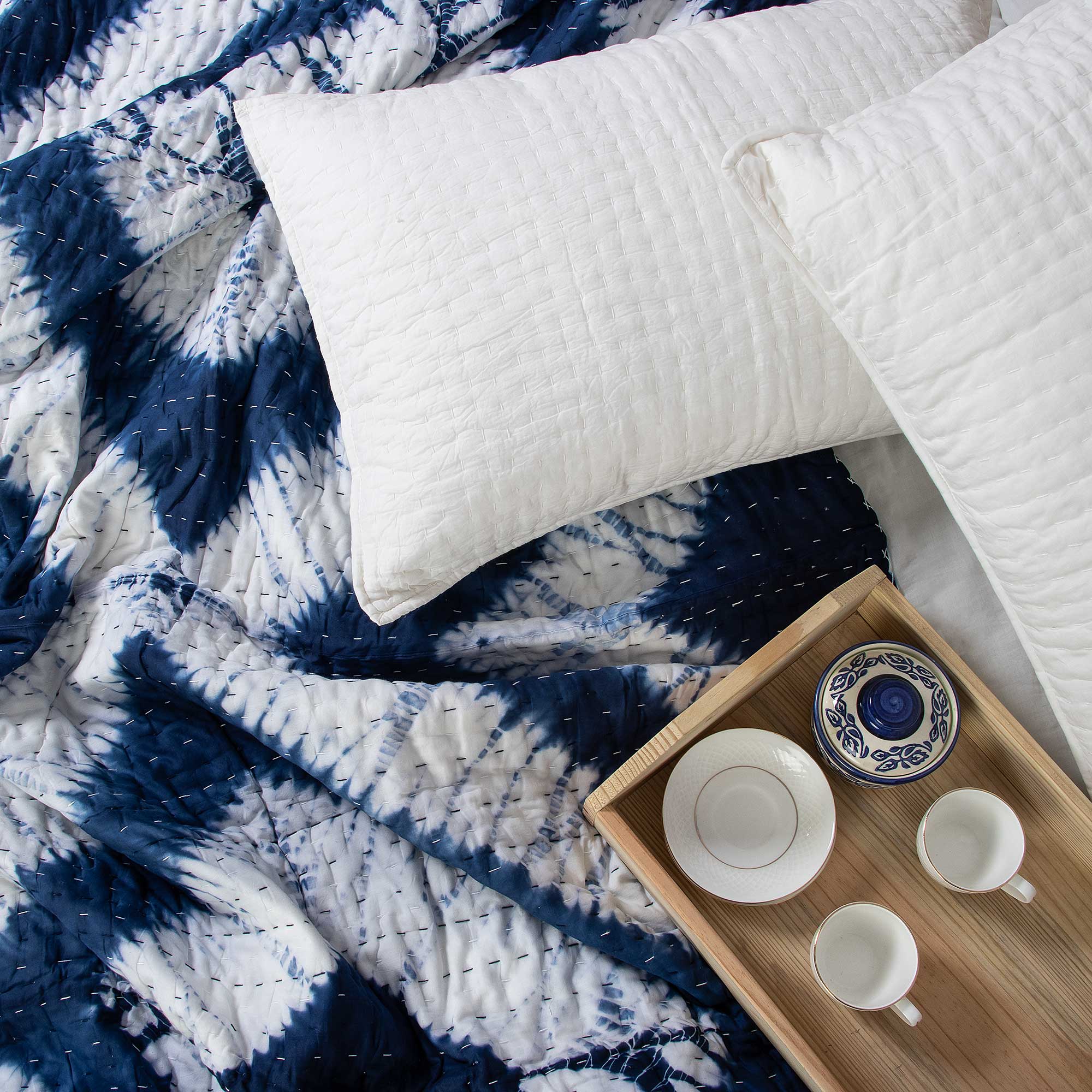 Geometrical Blue Tie Dyed Pure Cotton Kantha Quilts - Image 2