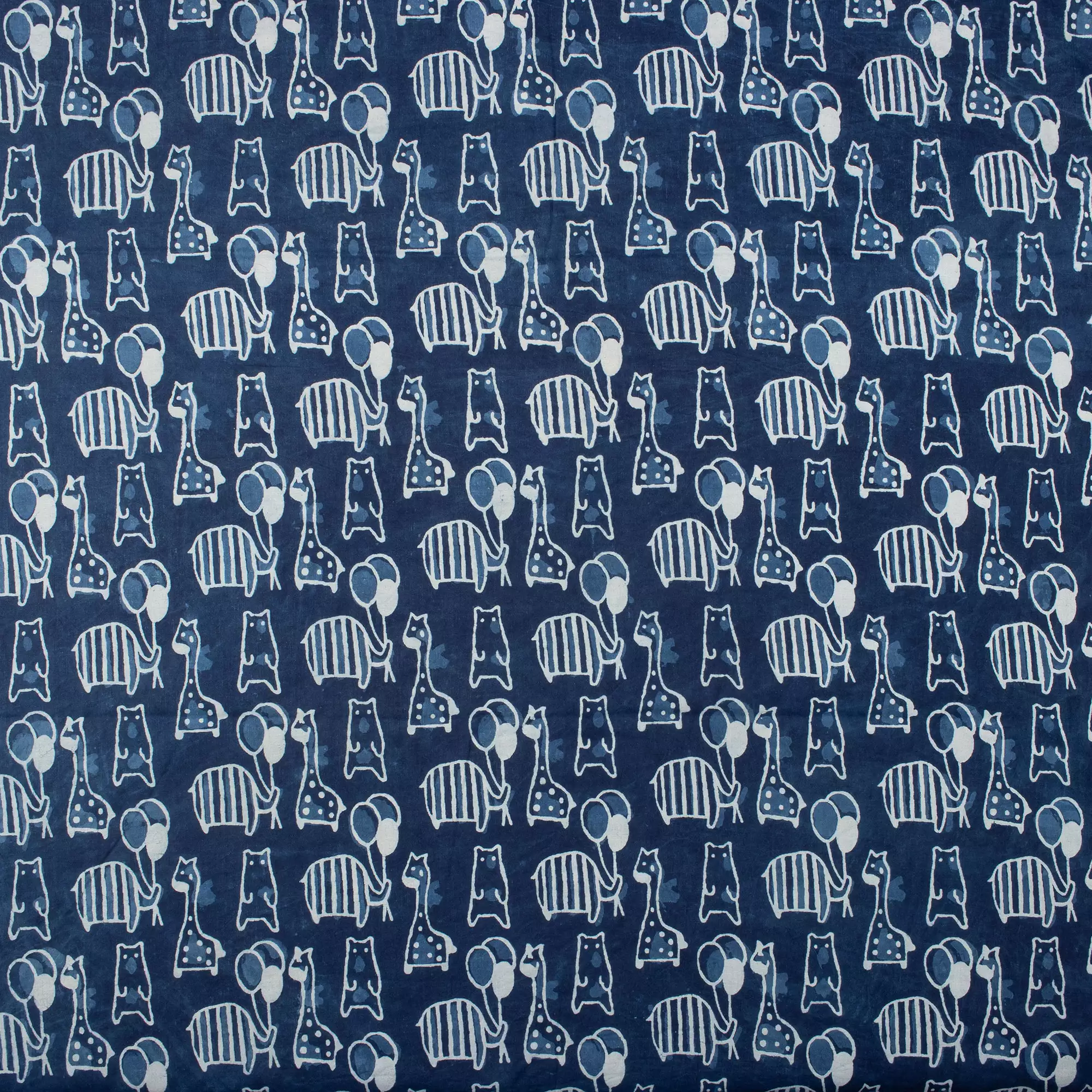 Giraffe and Bear Indigo Motif Cotton Fabric