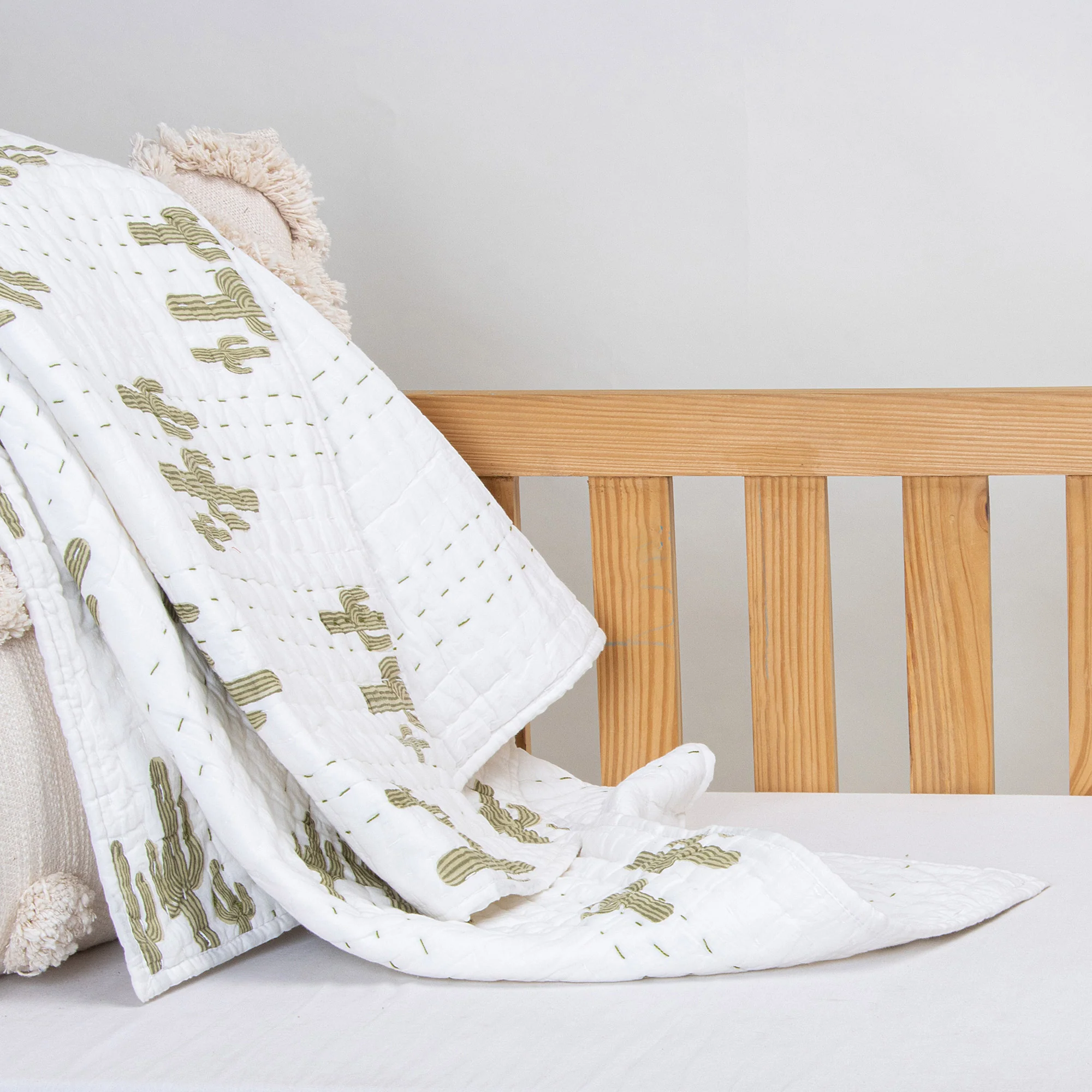 Green Cactus Hand Block Print Cotton Baby Blanket - Image 4