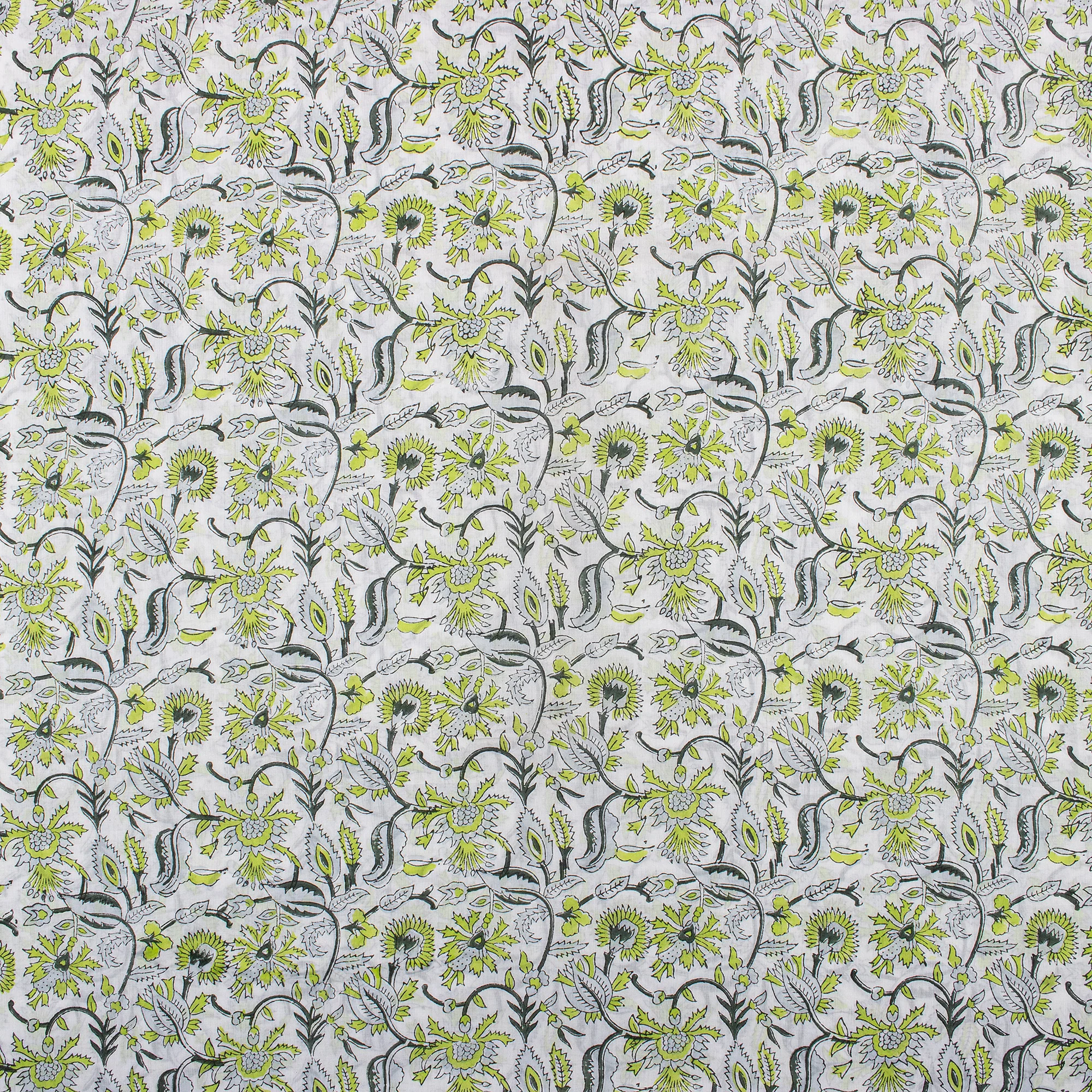 Green Floral Hand Block Printed Cotton Fabric - Image 3
