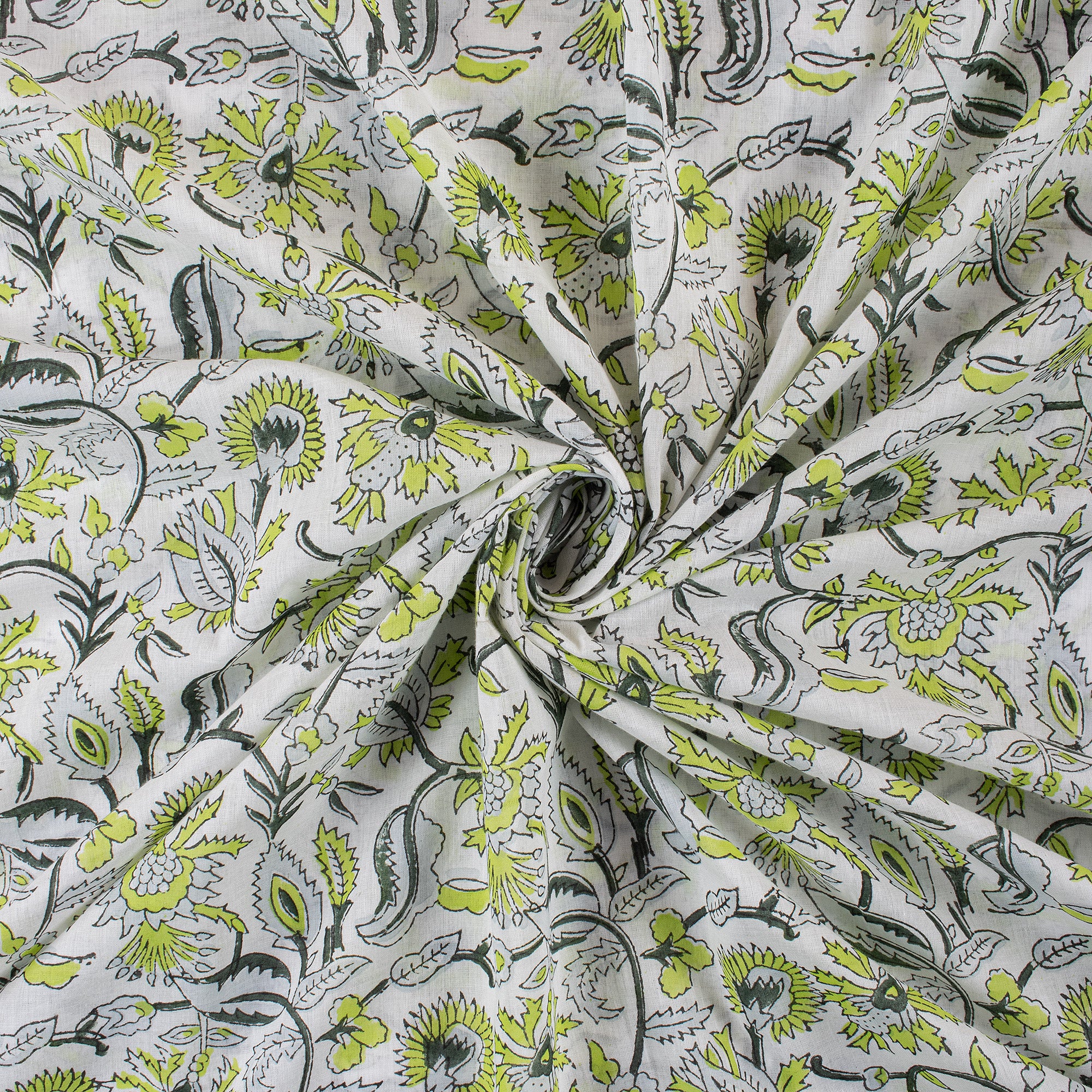 Green Floral Hand Block Printed Cotton Fabric - Image 4