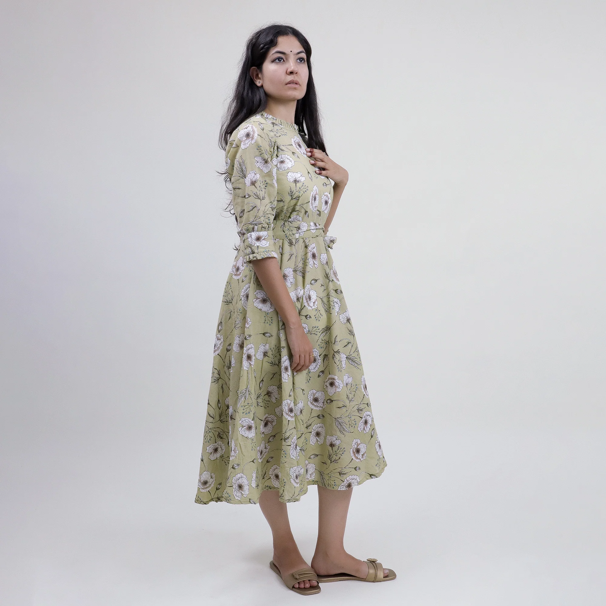 Green Floral Hand Printed Cotton Casual Midi Dress