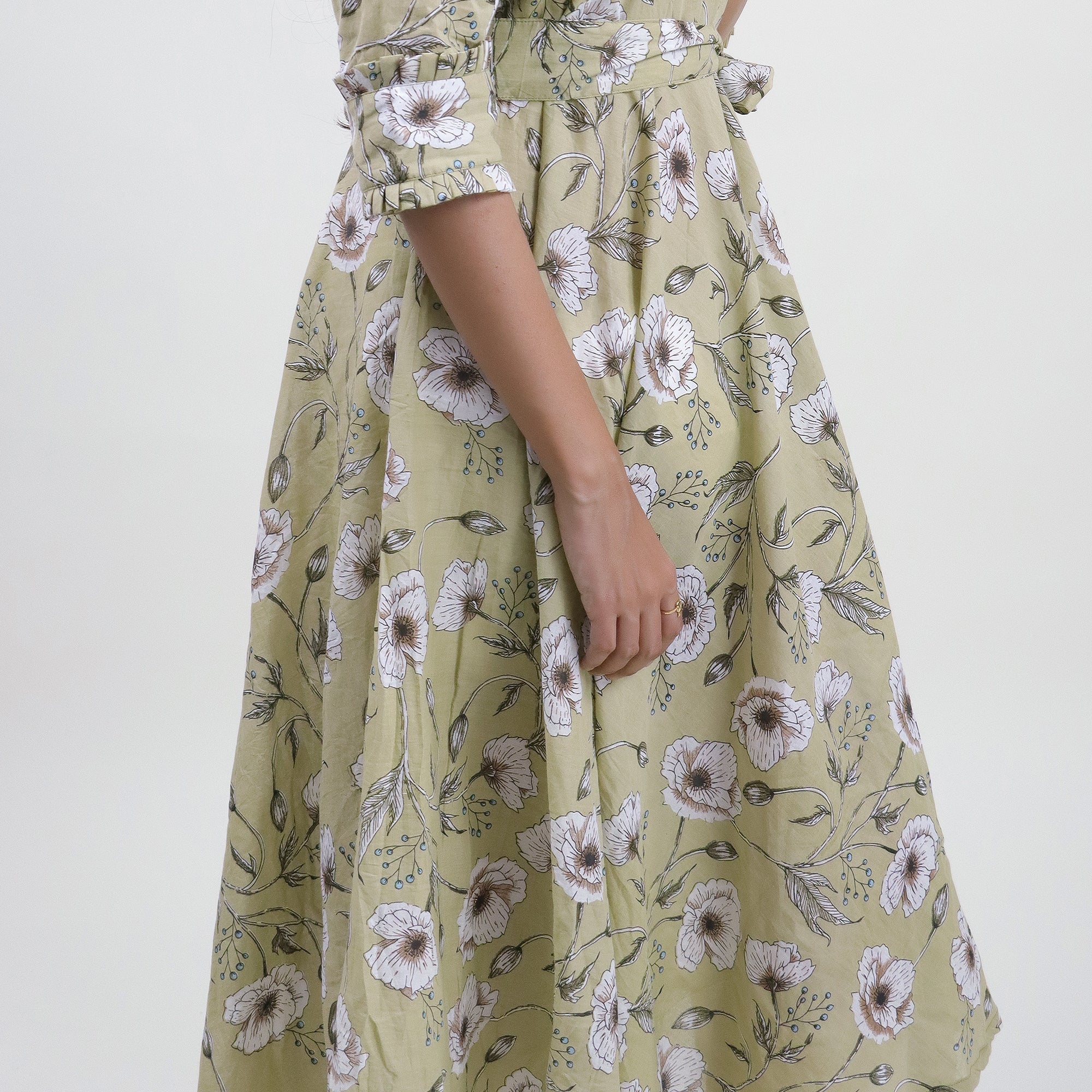 Green Floral Hand Printed Cotton Casual Midi Dress - Image 2