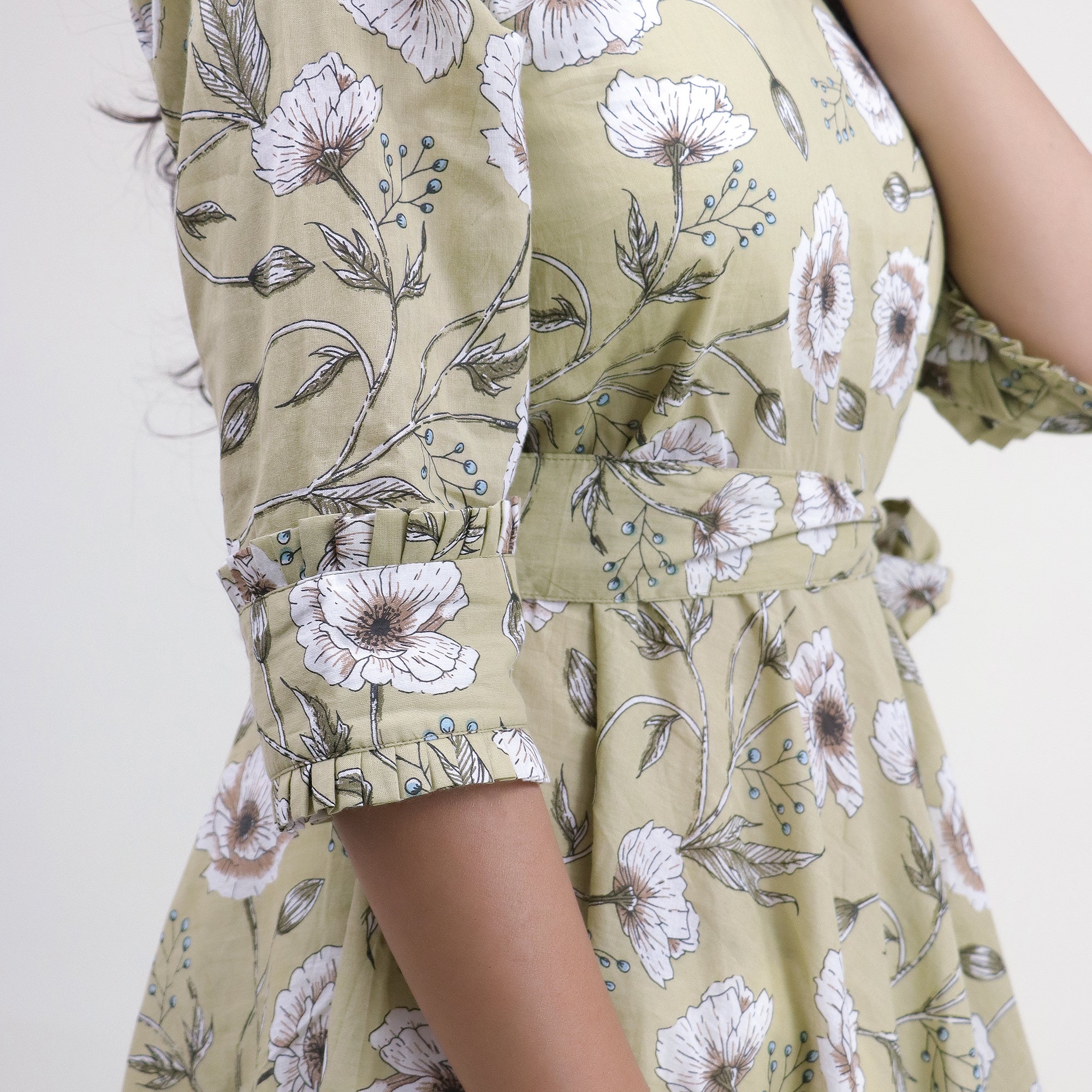 Green Floral Hand Printed Cotton Casual Midi Dress - Image 3